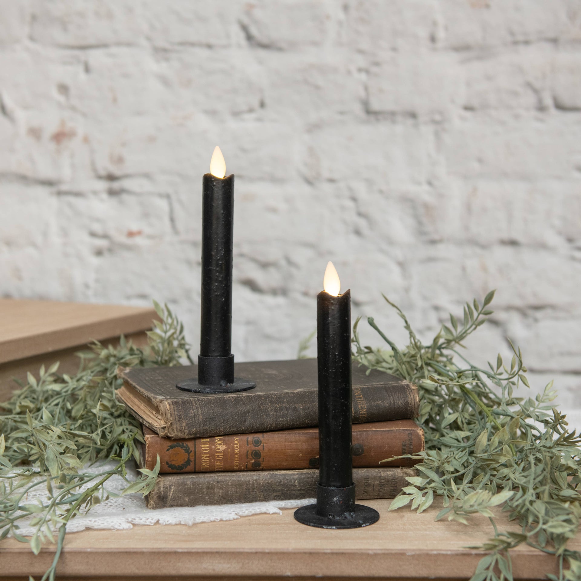 SET/ 2 - 6.75" MOVING FLAME BLACK TAPER CANDLE