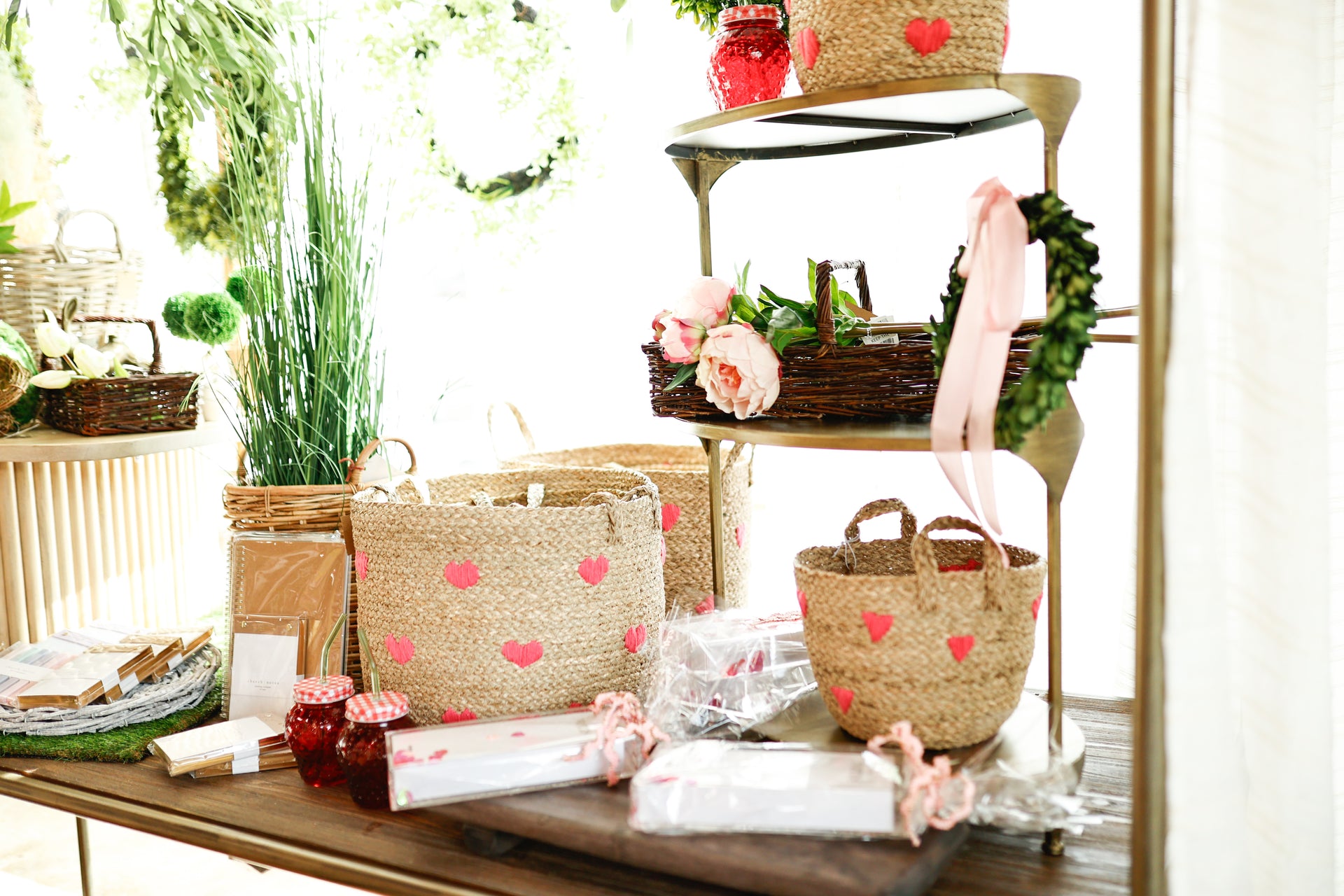 Hand-Woven Seagrass Baskets with Embroidered Hearts & Handles, Natural & Red (4 sizes available)