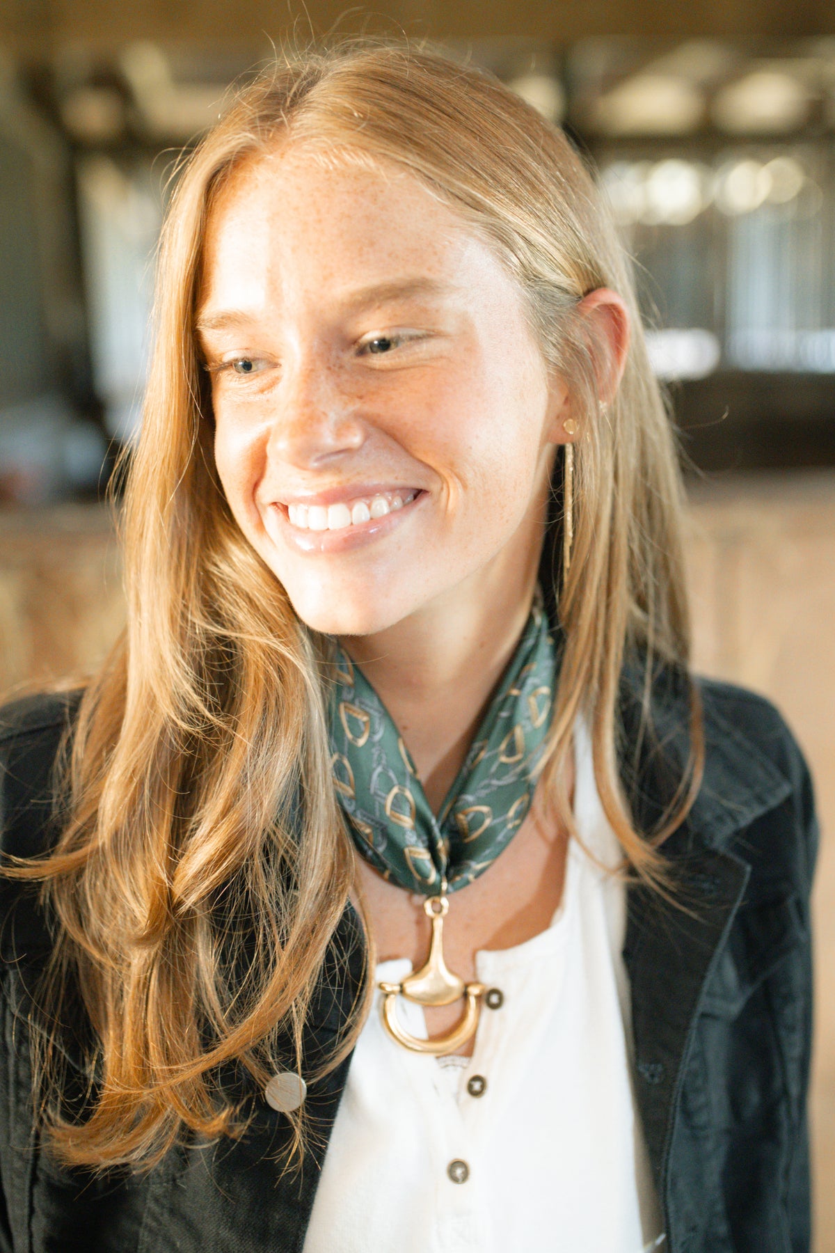 Green Stirrup Silk Scarf Tie with Gold Bit Charm