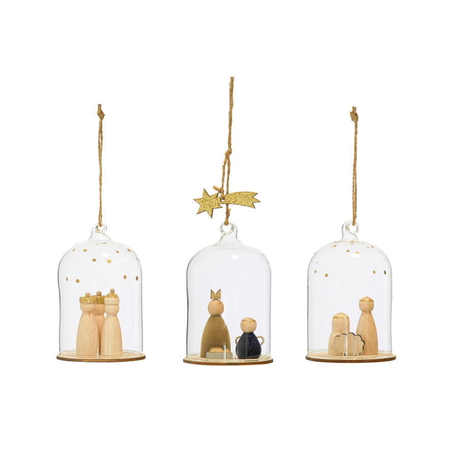 4-1/4"H Glass Cloche Ornaments w/ Wood Nativity ornament (just one)