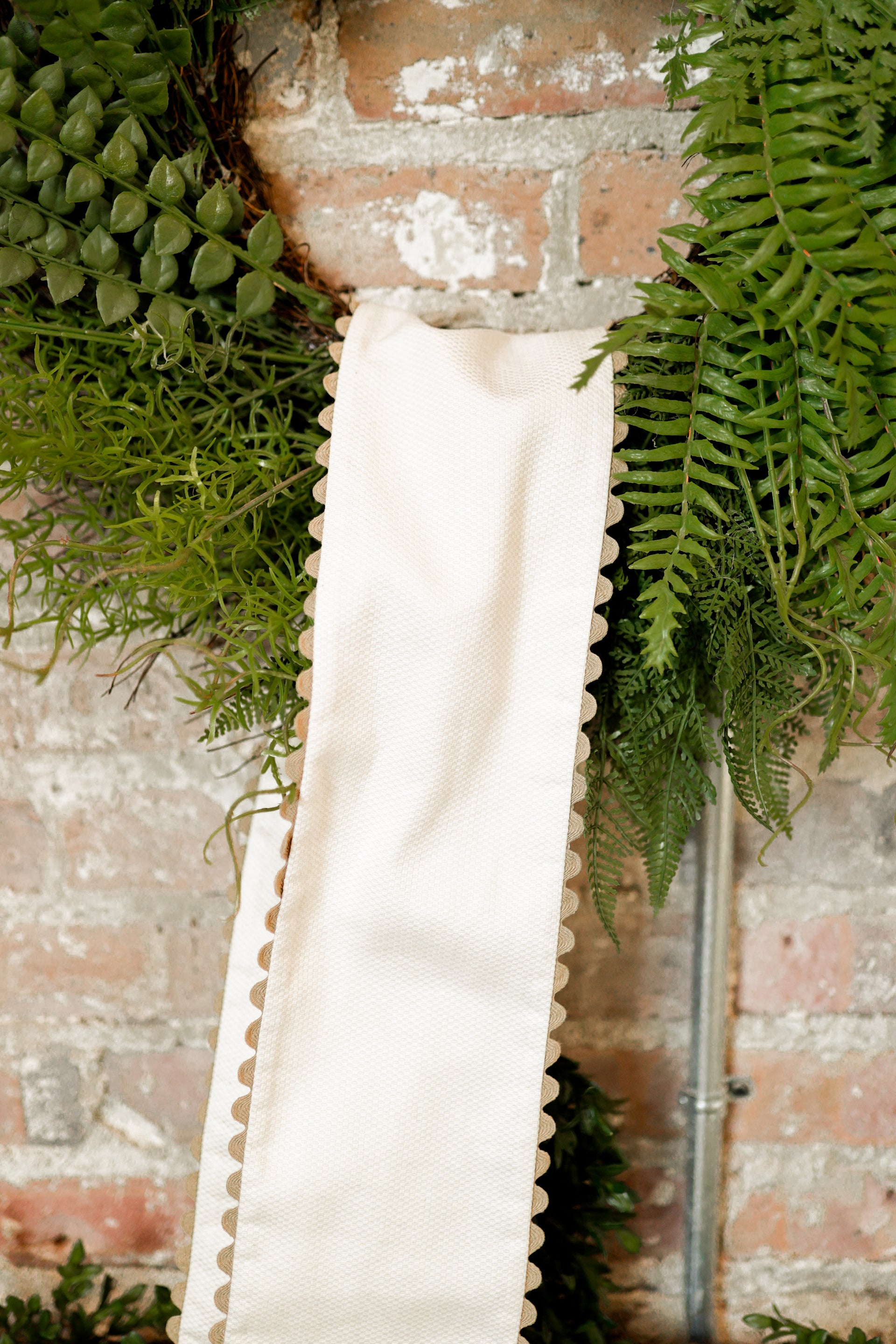 Vintage Ivory Cotton Pique Sash with Scalloped Brown Trim 