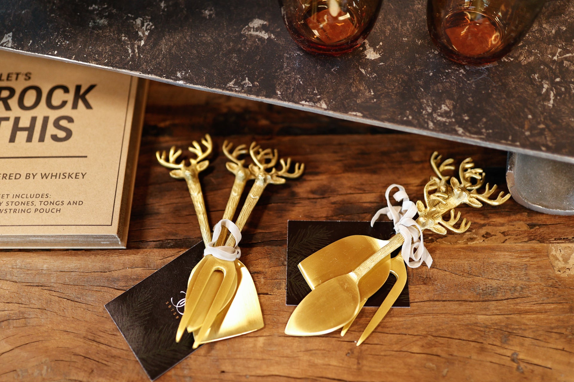Brass Cheese Knives w/ Reindeer Handles, Set of 3 in Printed Drawstring Bag