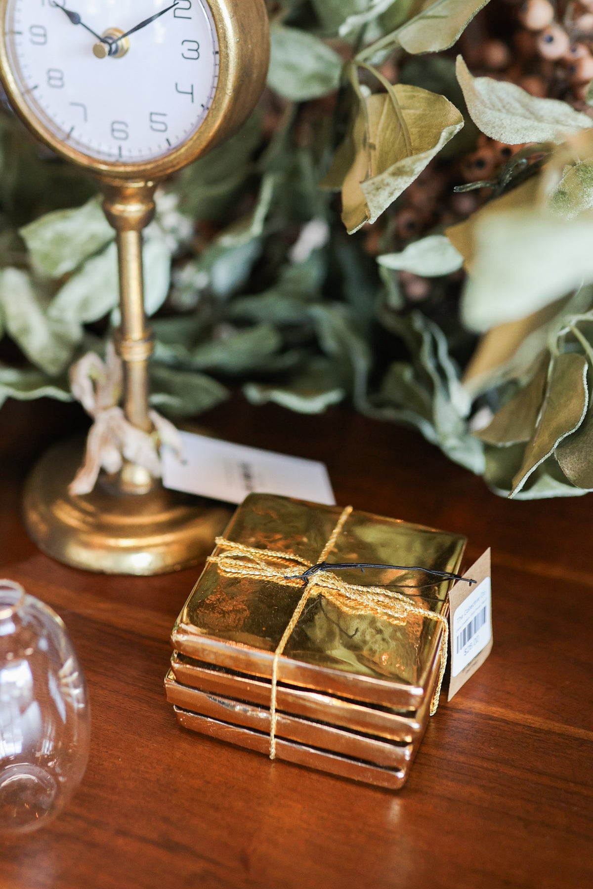 Glass Coasters, Gold Finish, Set of 4 Tied with Gold Cord