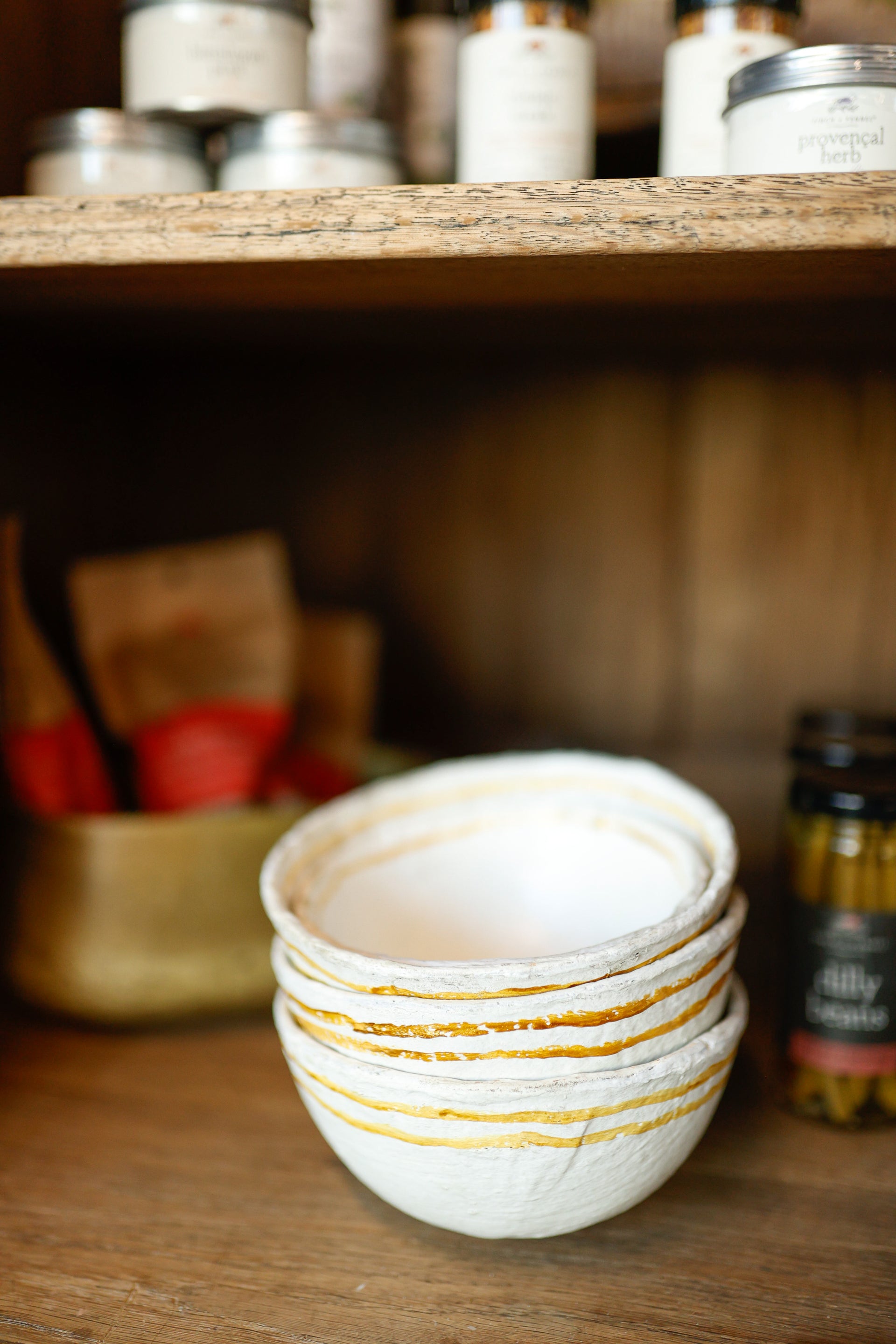 Large Decorative Metal & Paper Mache Bowls with Gold Color Stripes