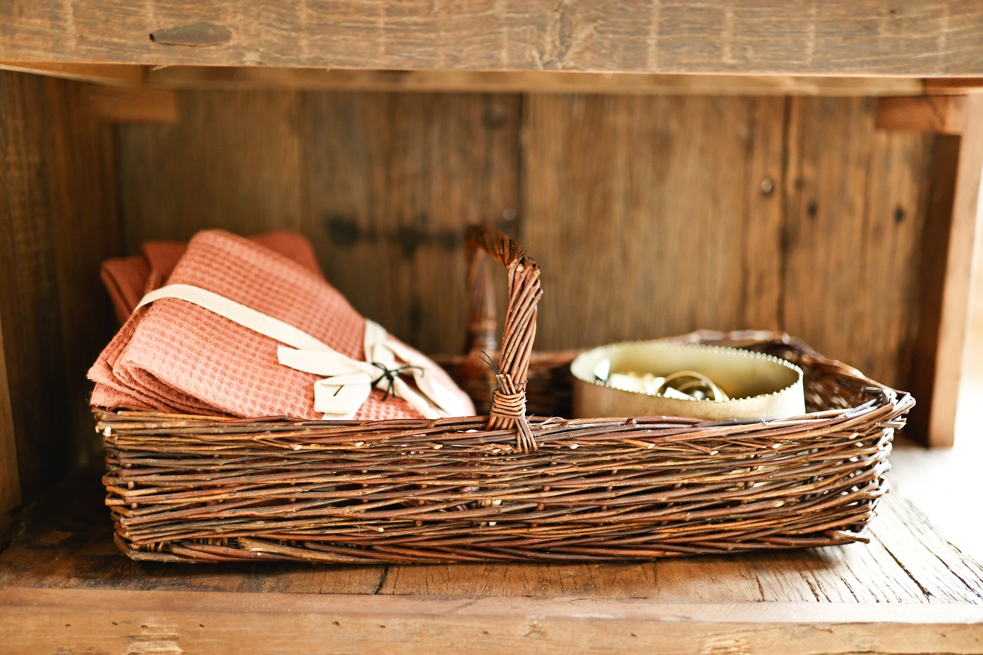 Hand-Woven Reed Basket with Handle, Natural
