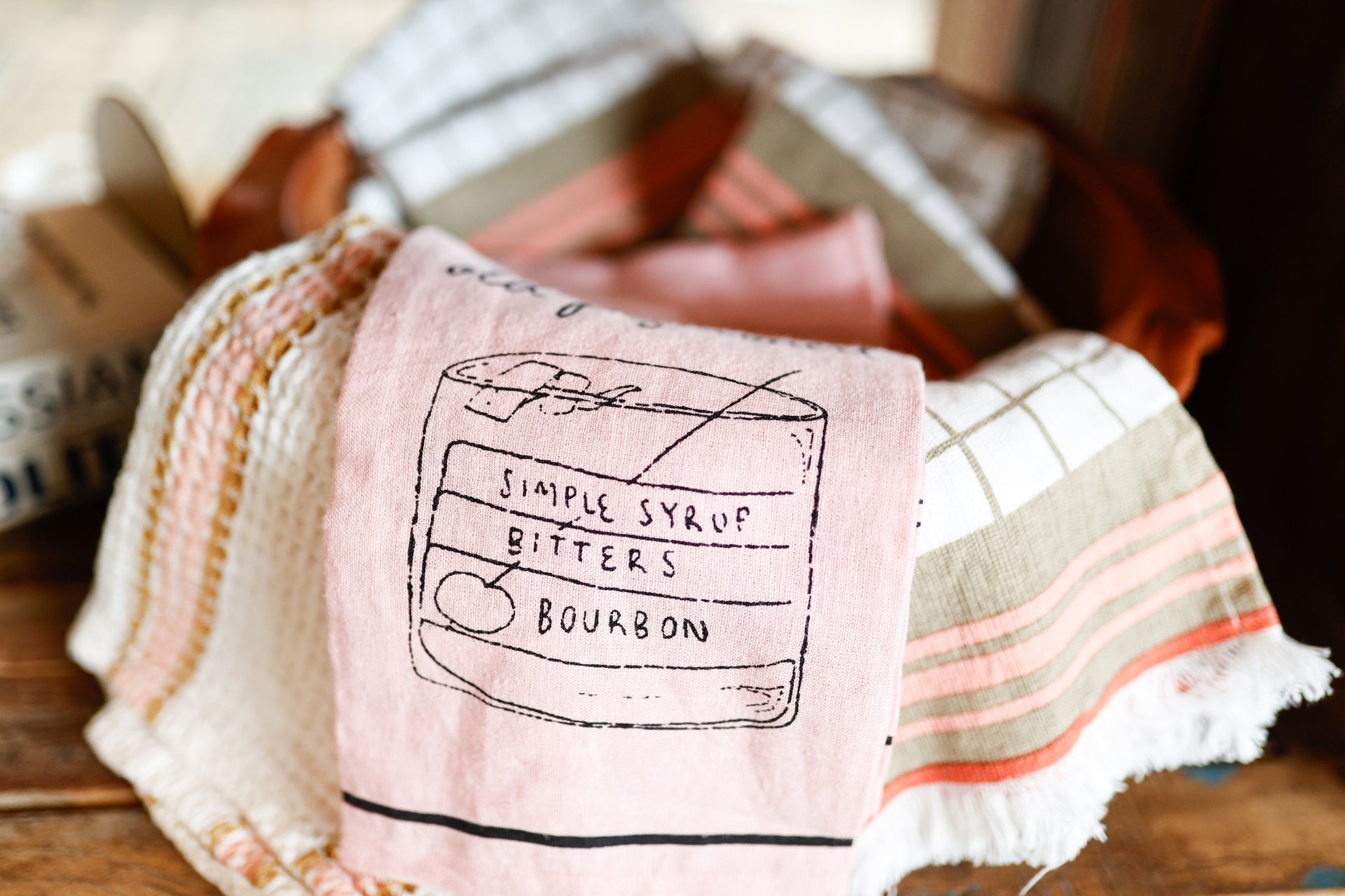 Linen Blend Tea Towel with Cocktail Recipes & Art, 6 Styles