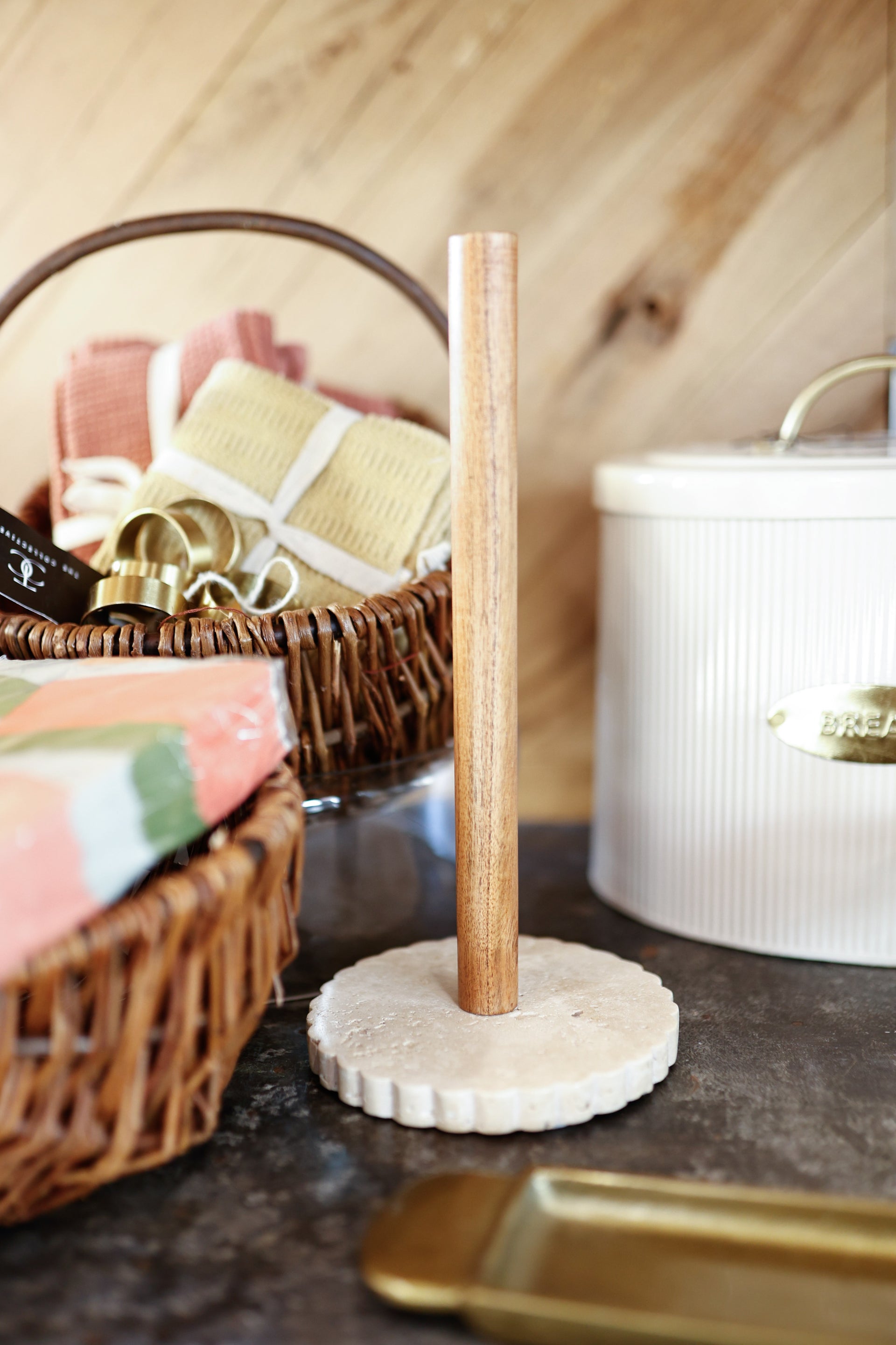 Acacia Wood Paper Towel Holder with Scalloped Travertine Base, KD