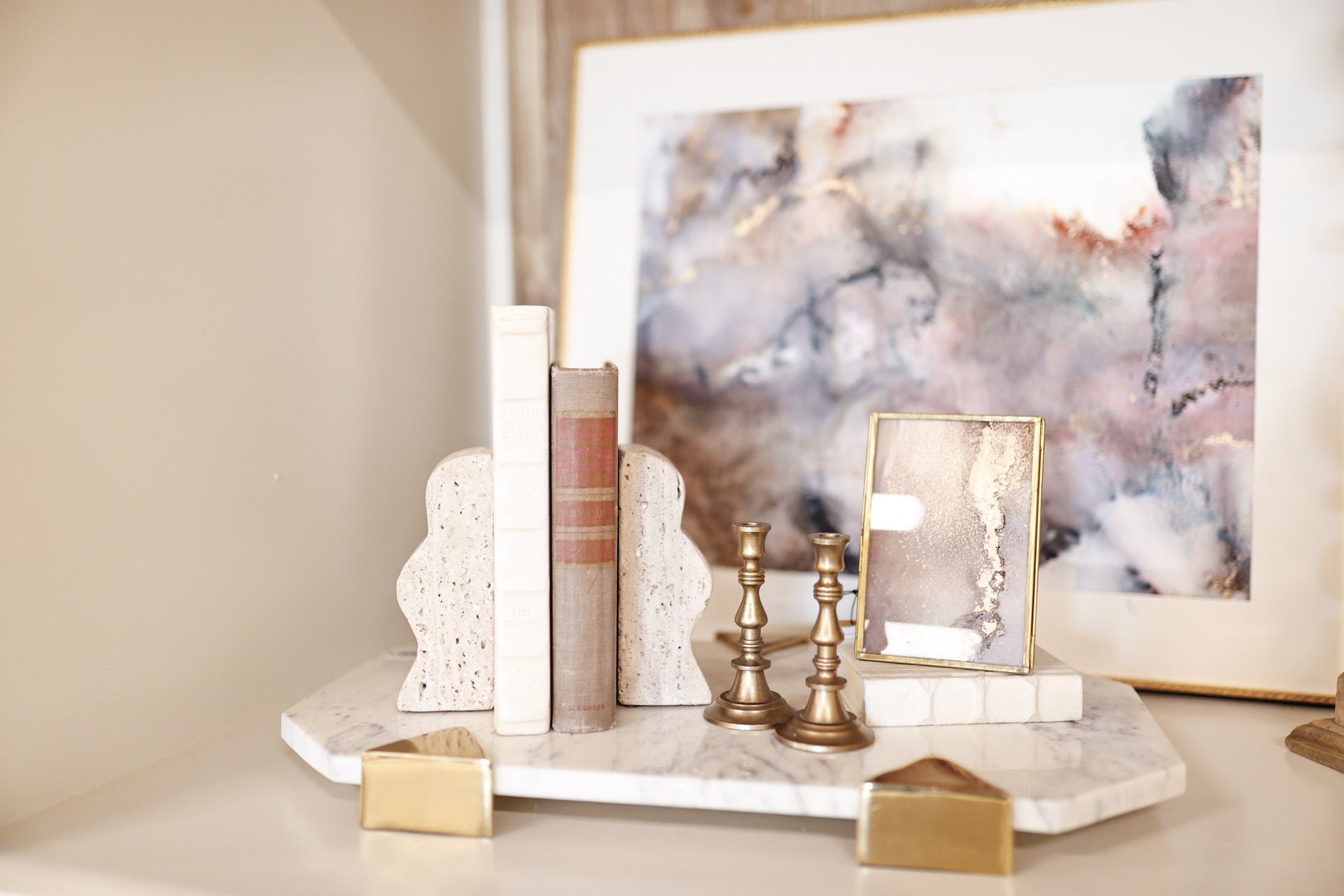 Geometric White Marble Tray with Gold Metal Accents