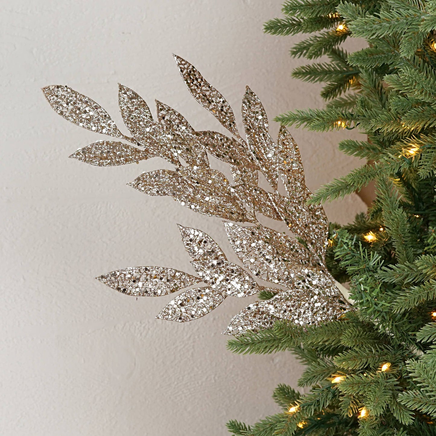 32258-26in Glittered mesh bay leaves Branch-CHAM