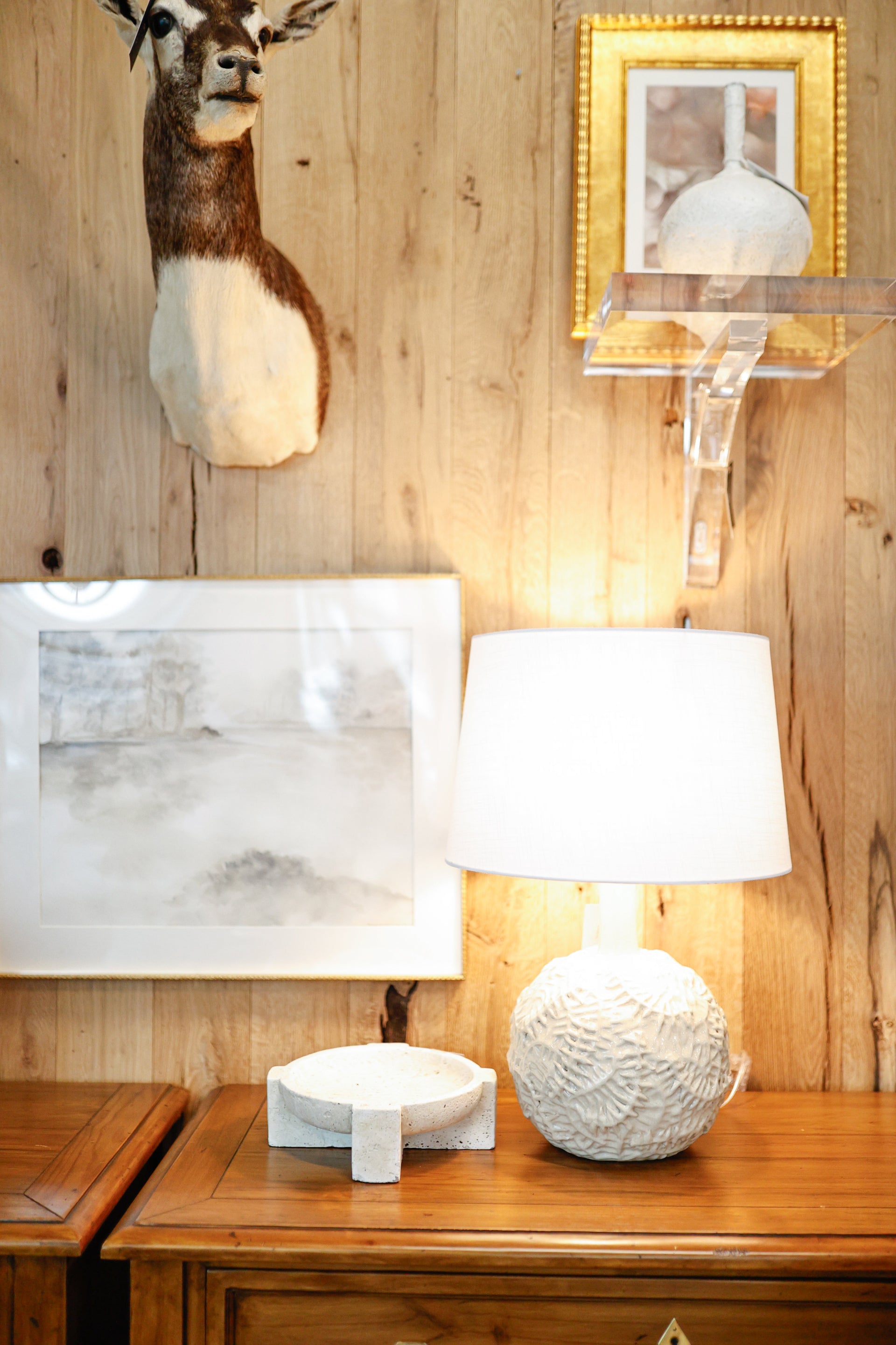 Handmade Textured Stoneware Table Lamp w/ Fabric Shade (Each One Will Vary)