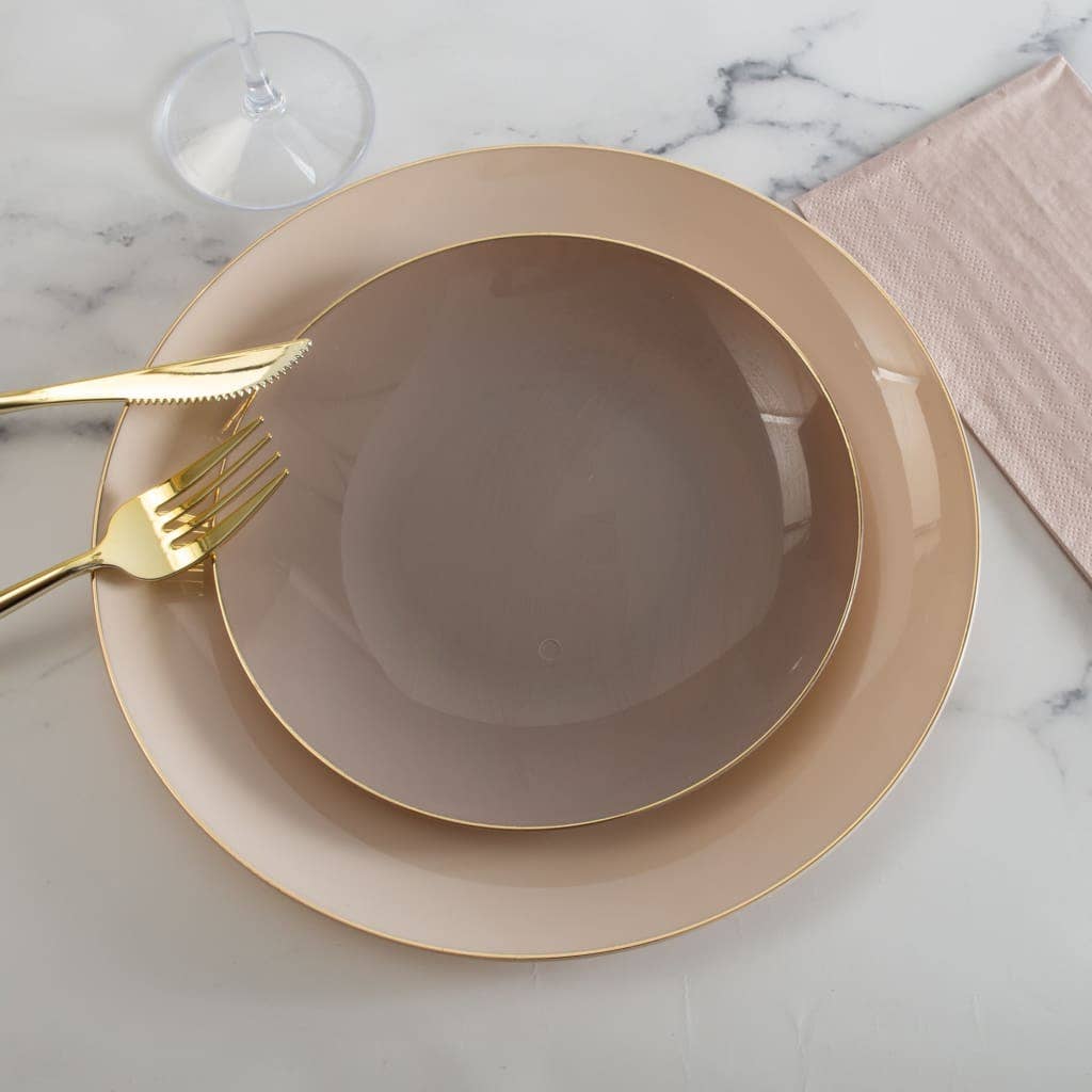 Round Taupe • Gold Plastic Plates | 10 Pack