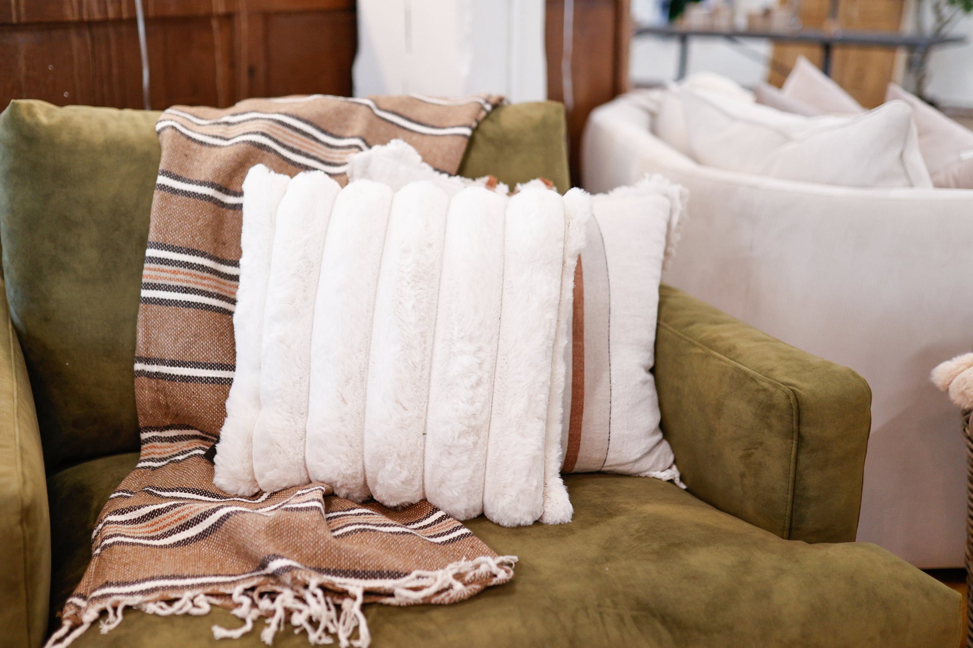 Cream 18" Square Faux Fur Pillow with Channel Stitch & Velvet Back