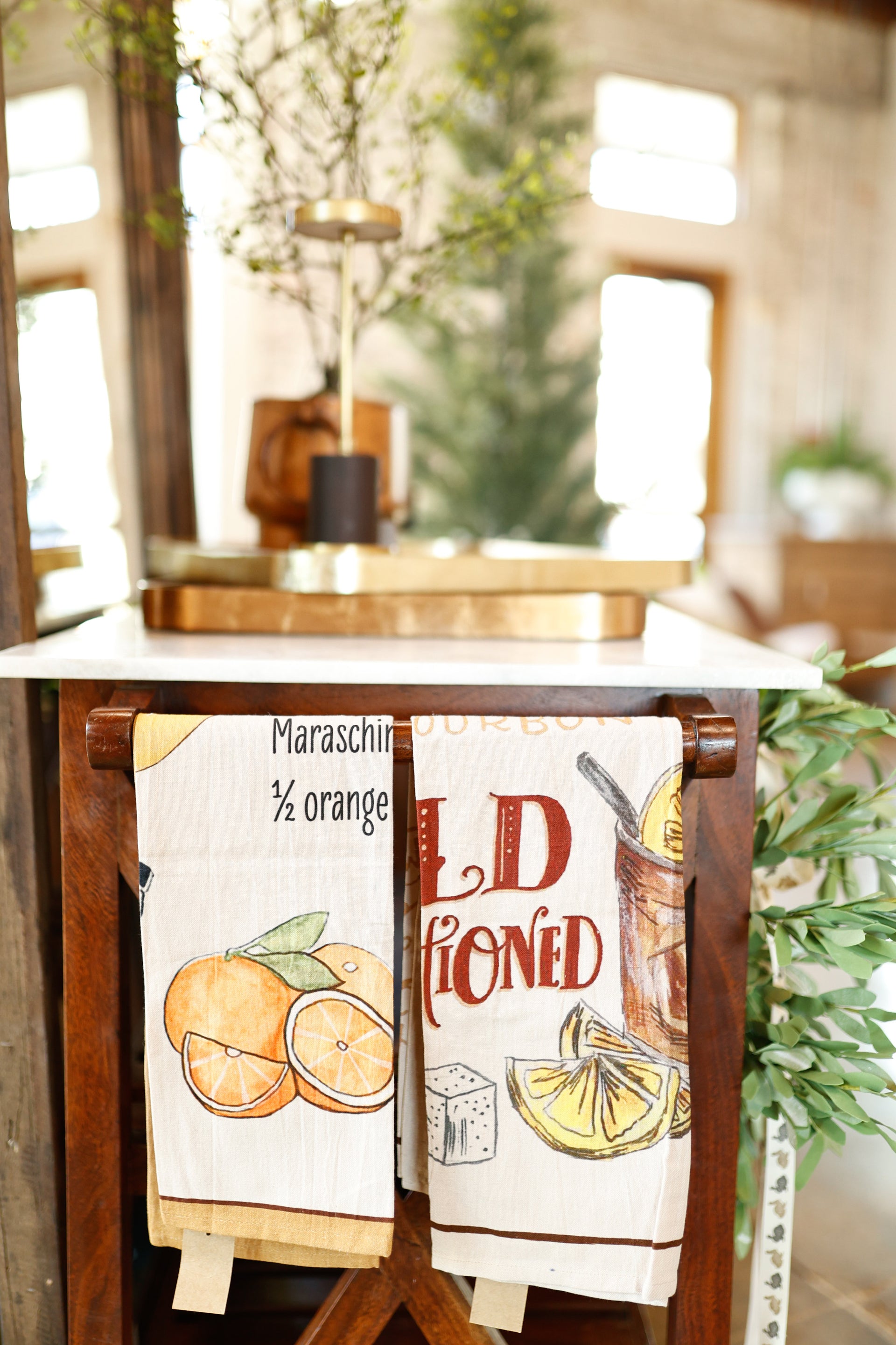 Cotton Chambray Printed Tea Towel w/ Cocktail Recipe & Art, 8 Styles