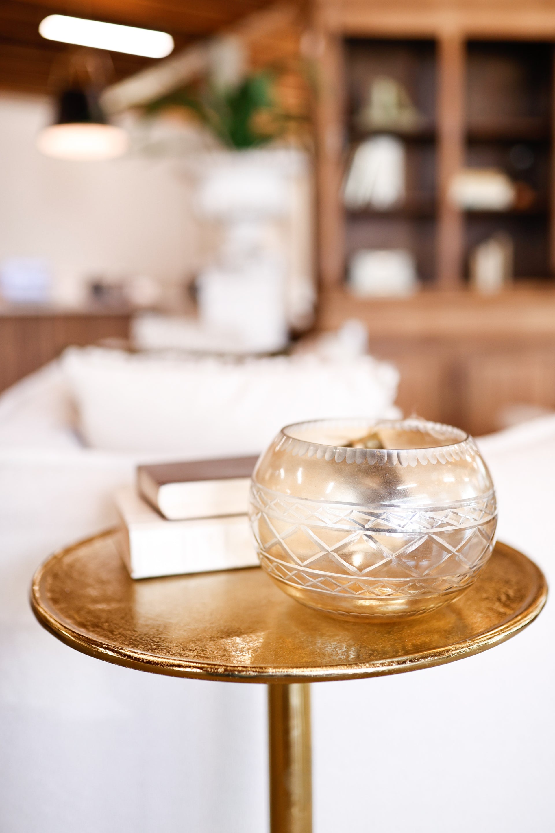 Glass Tealight Candle Holder with Gold Finish and Intricate Cut Motifs