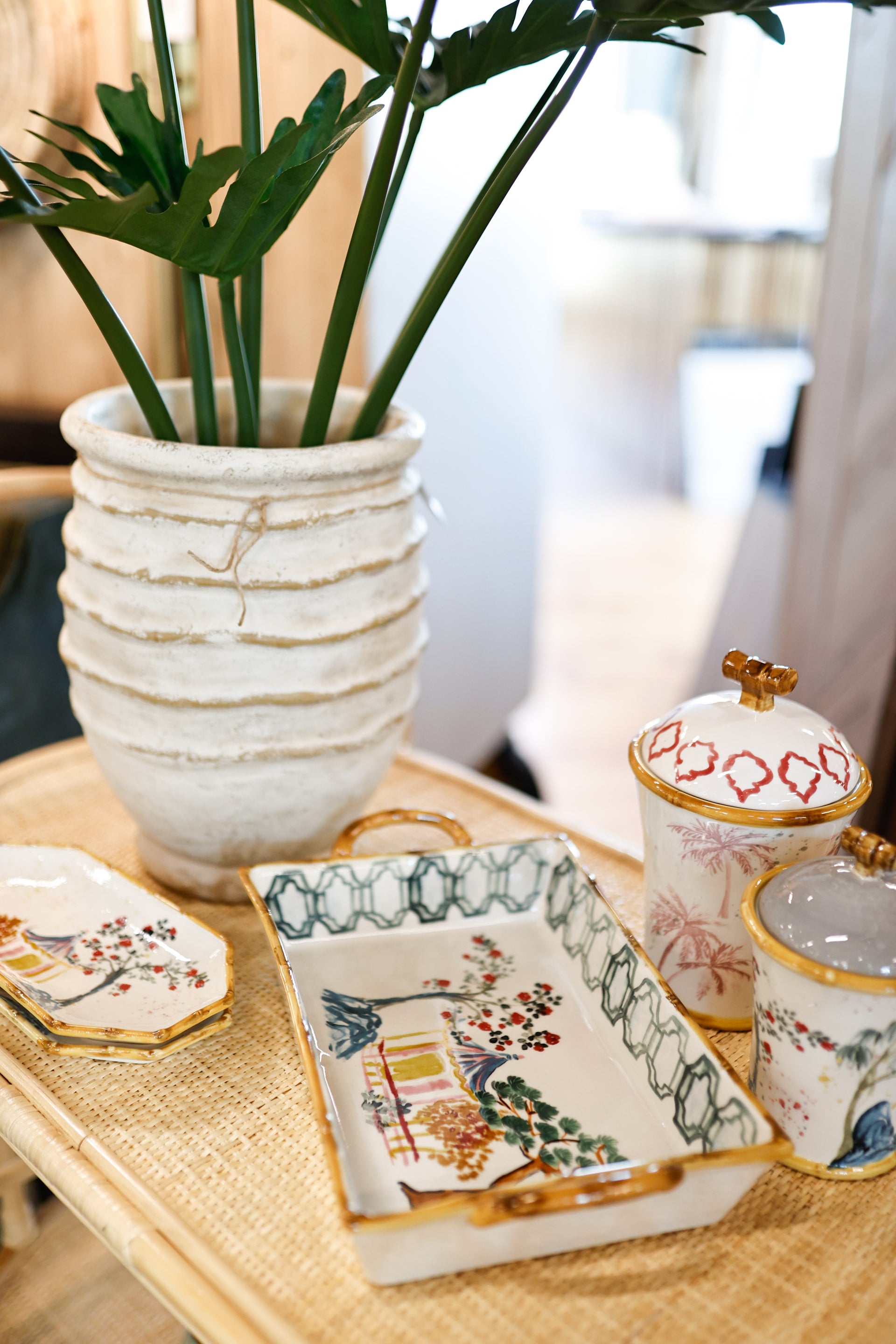 Hand-Painted Stoneware Canister with Palm Trees & Bamboo Style Edges