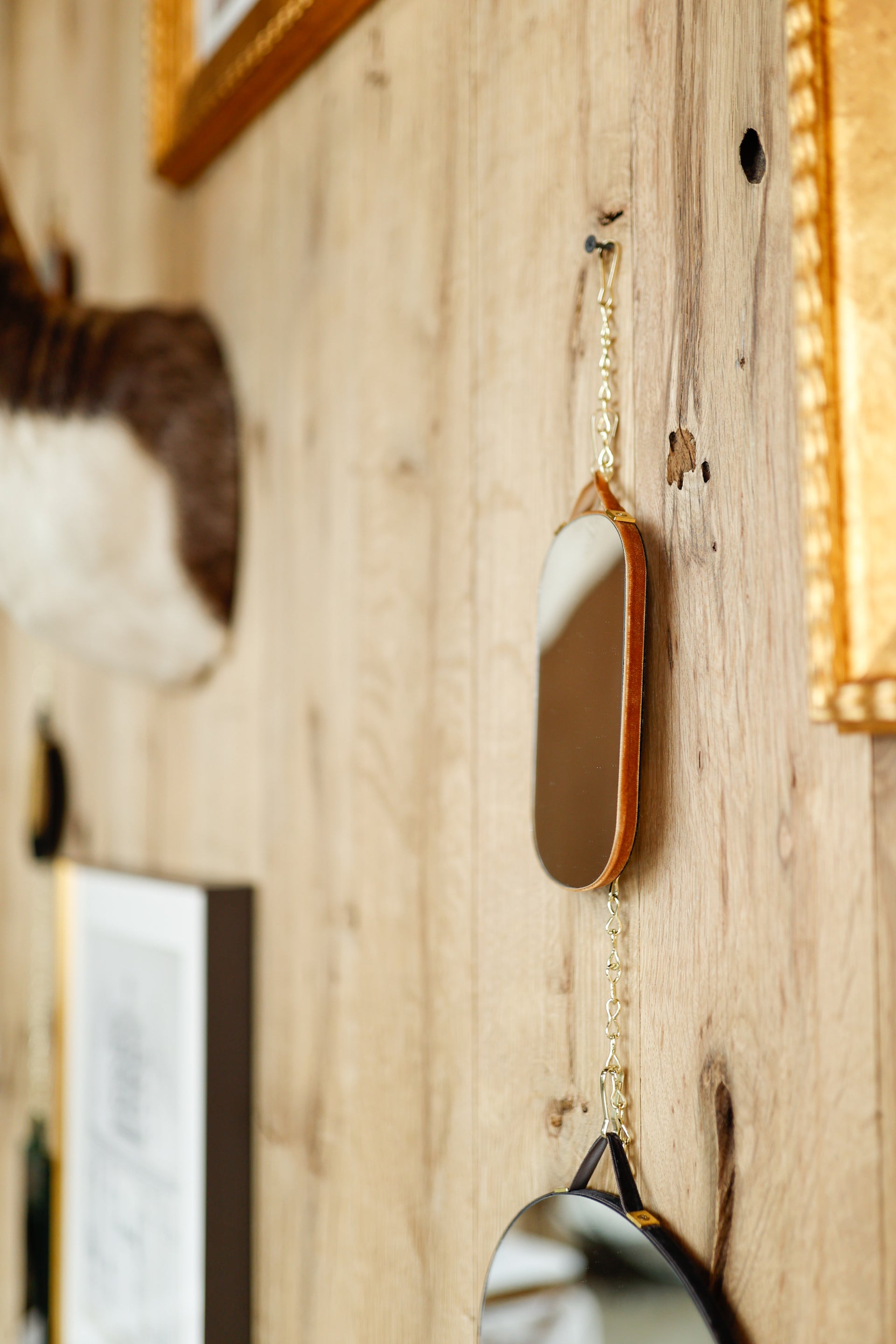 Small Velvet Edged Wall Mirror with Hangers, 3 Styles