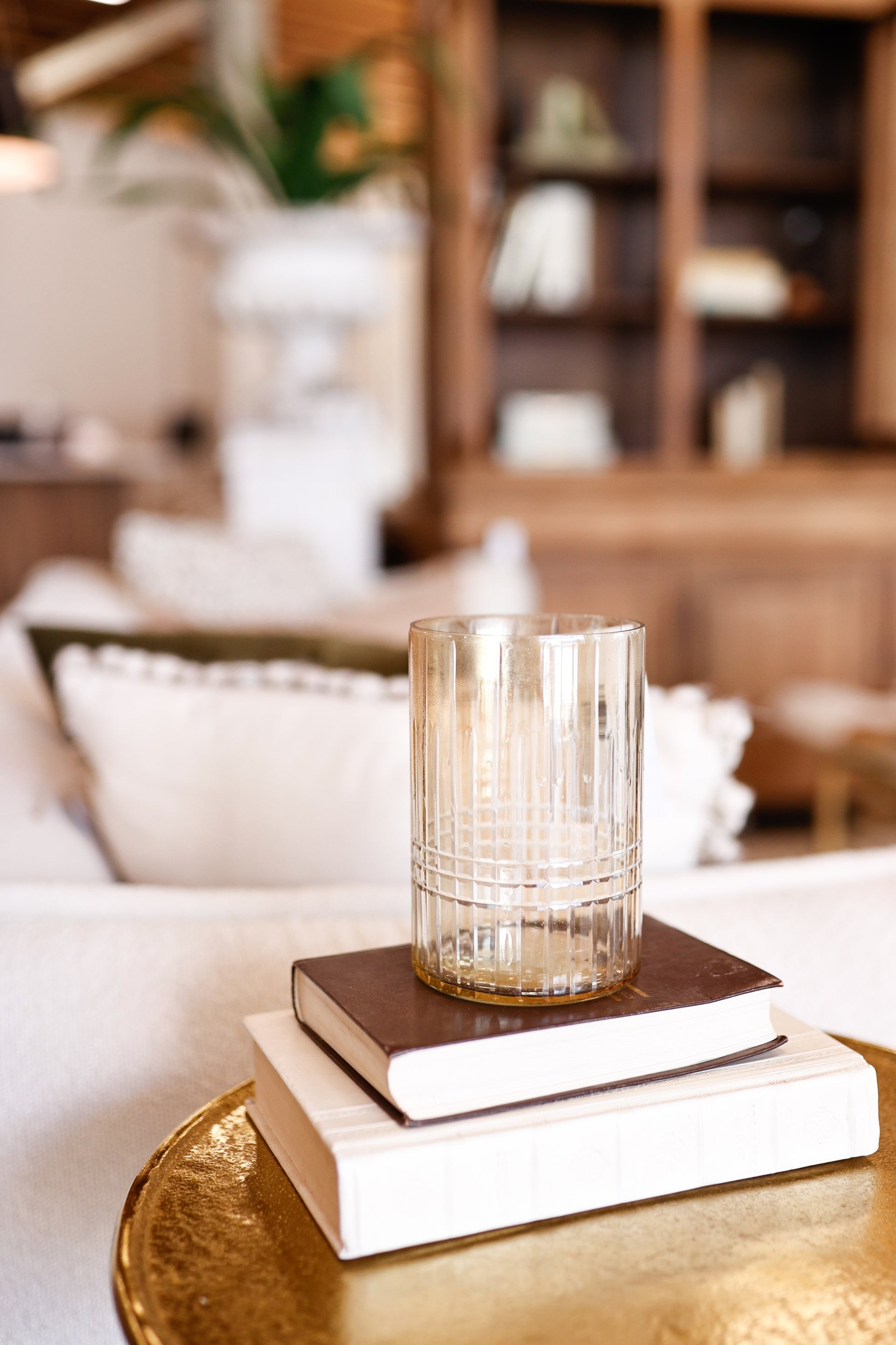 Round Glass Tealight Candle Holder with Textured Gold Finish