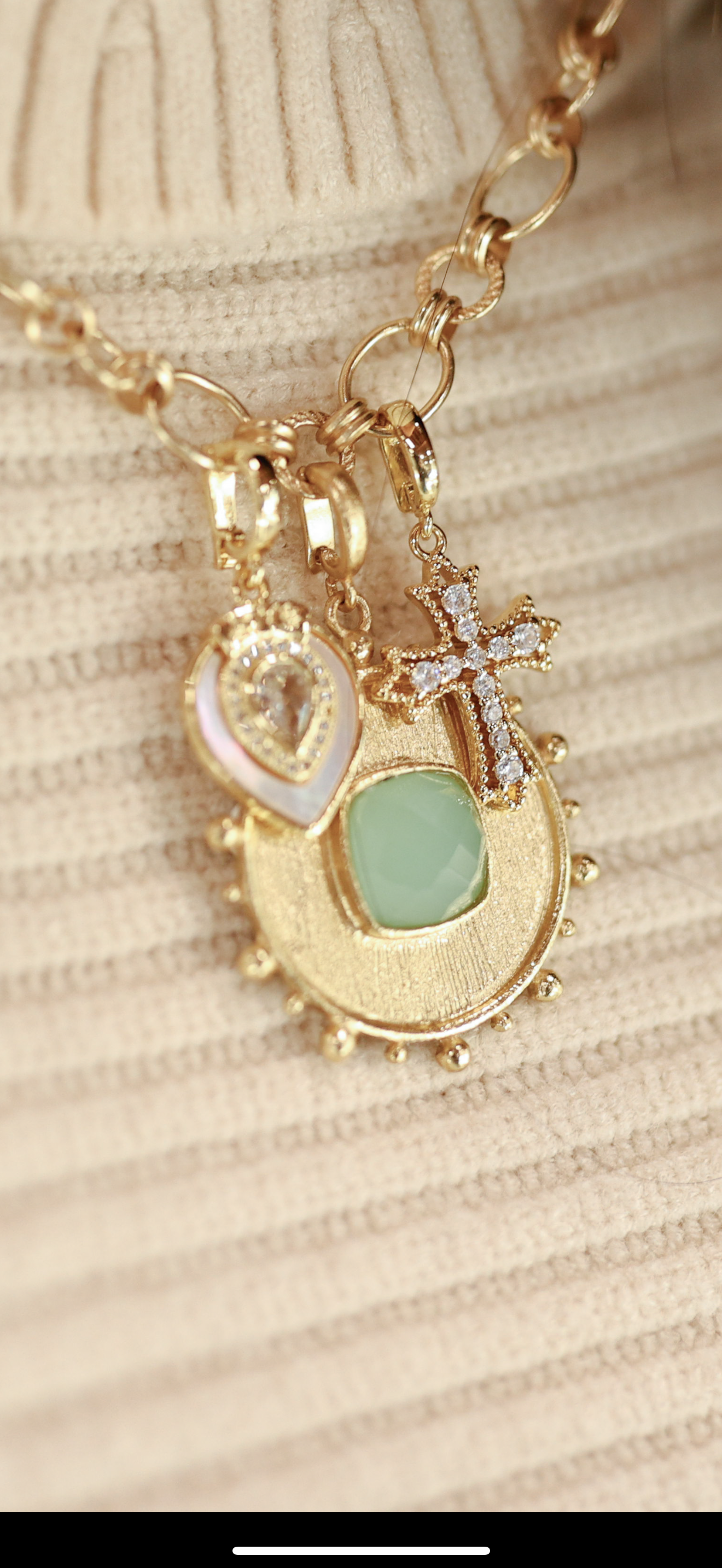 Gold Round Charm with Jade Stone Inlay