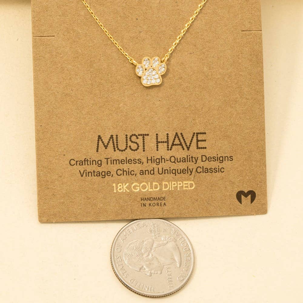 Gold Dipped CZ Pave Dog Paw Pendant Necklace