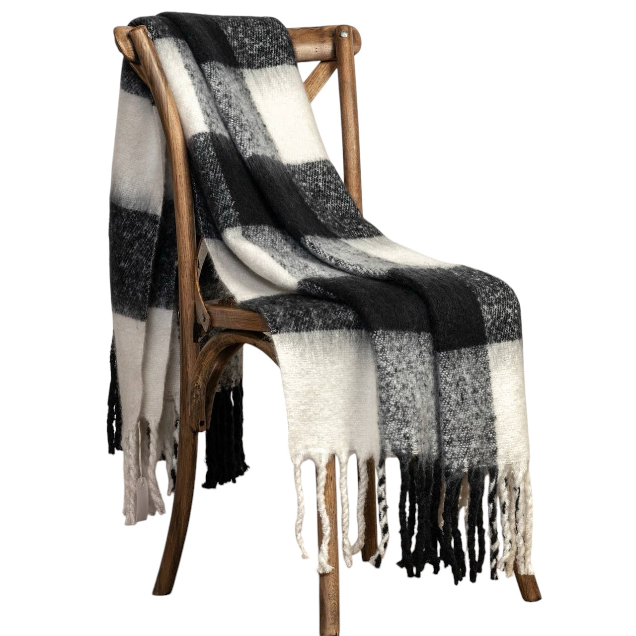 60" BLACK & WHITE CHECK BLANKET W/ FRINGE