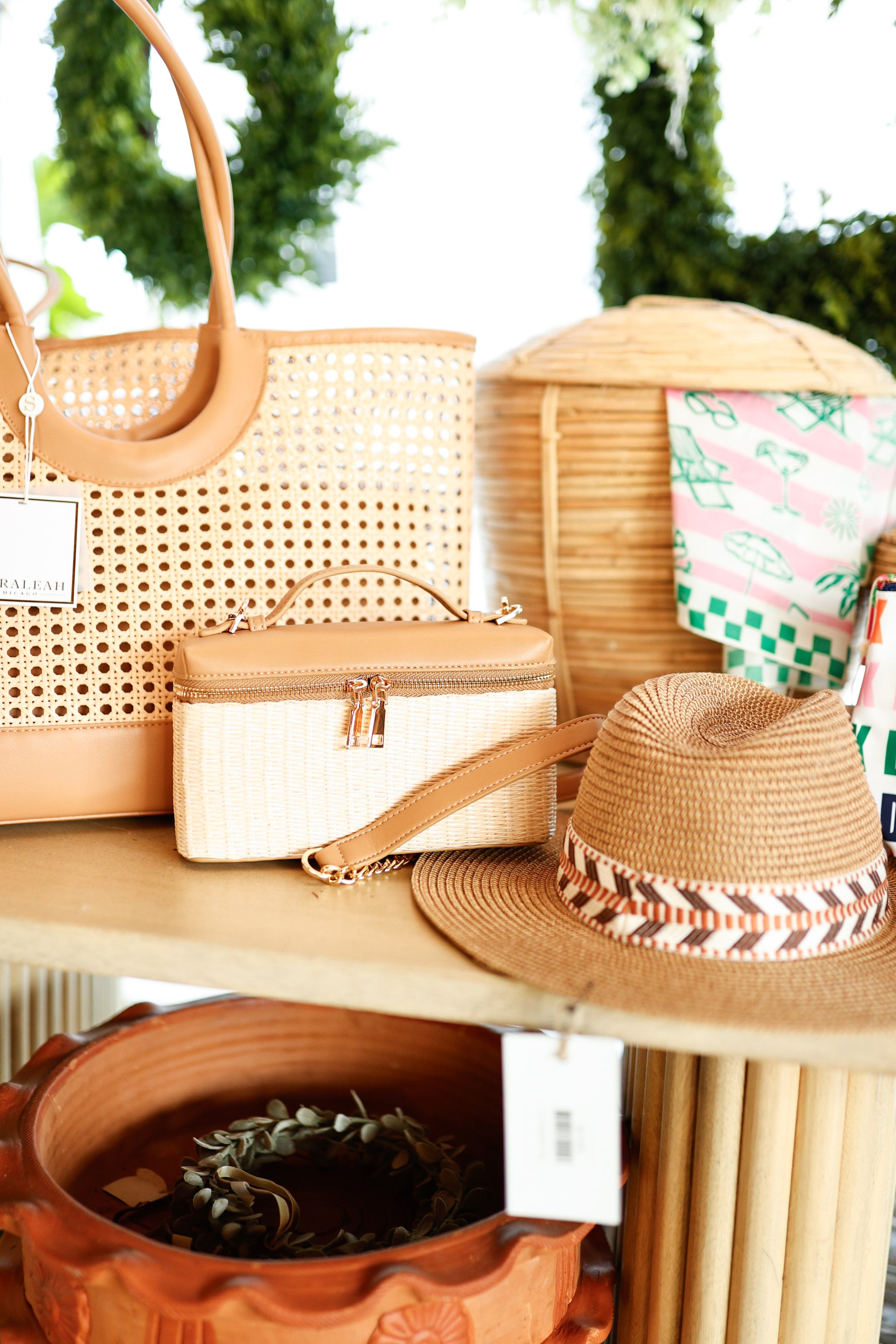 Brown Straw Hat with Burn Orange/Brown/White Fabric Detail