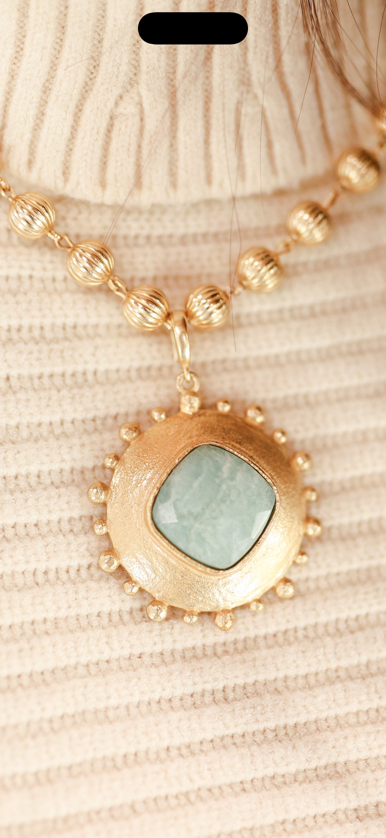 Gold Round Charm with Jade Stone Inlay