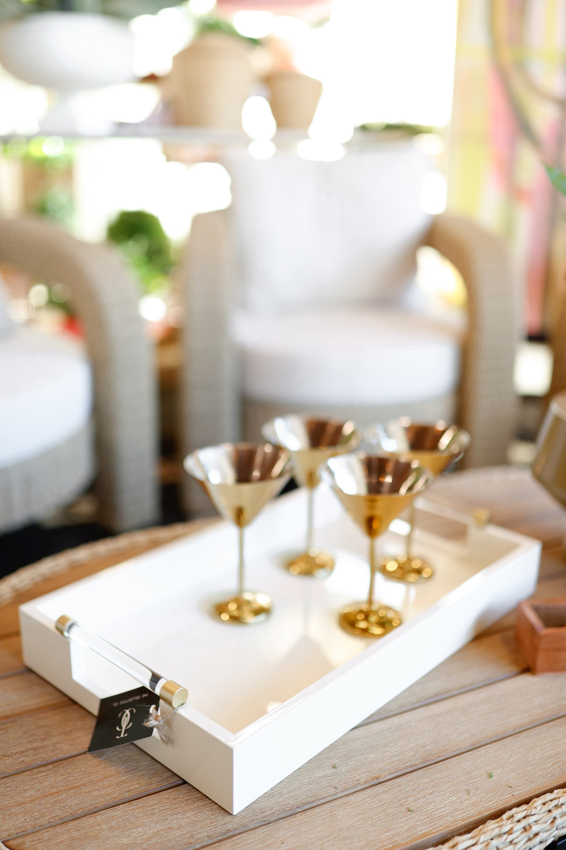 MDF Lacquered Tray w/ Acrylic & Metal Handles, Gold Finish & Cream Color