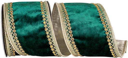 Ribbon - Velvet Touch Deluxe Jewel Trim Metallic Backed Wired Edge Ribbon, Emerald, 4 Inch, 5 Yards