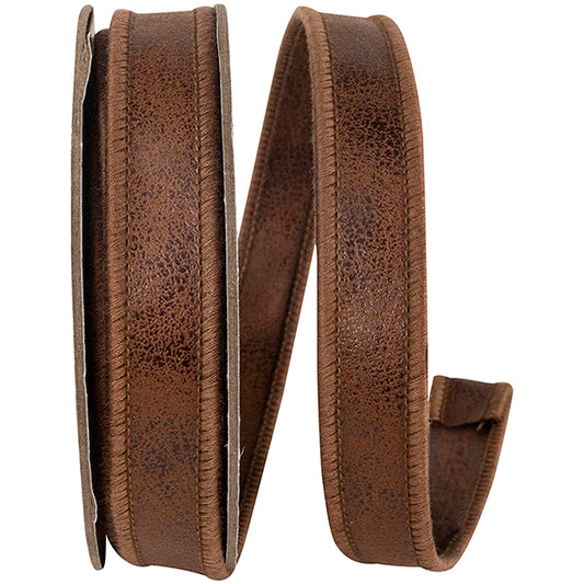 Ribbon - Leather Deluxe Two Sided Wired Edge Ribbon, Brown, 7/8 Inch, 5 Yards
