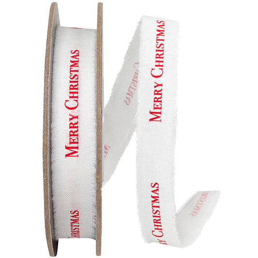 Ribbon - Merry Christmas Linen Fringe Ribbon, White/red, 5/8 Inch, 25  Yards