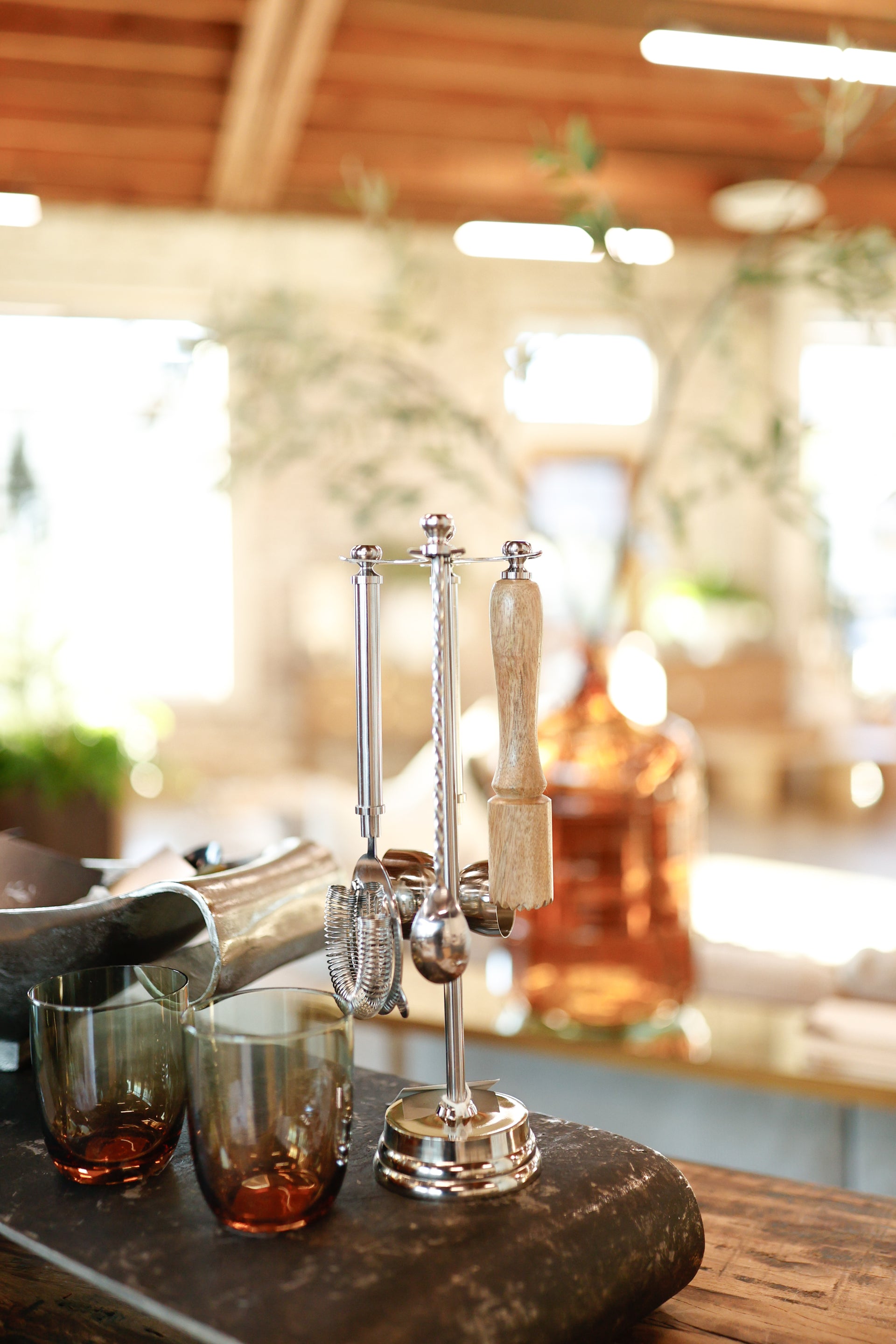 Stainless Steel & Mango Wood Bar Tools with 13"H Stand, Set of 5