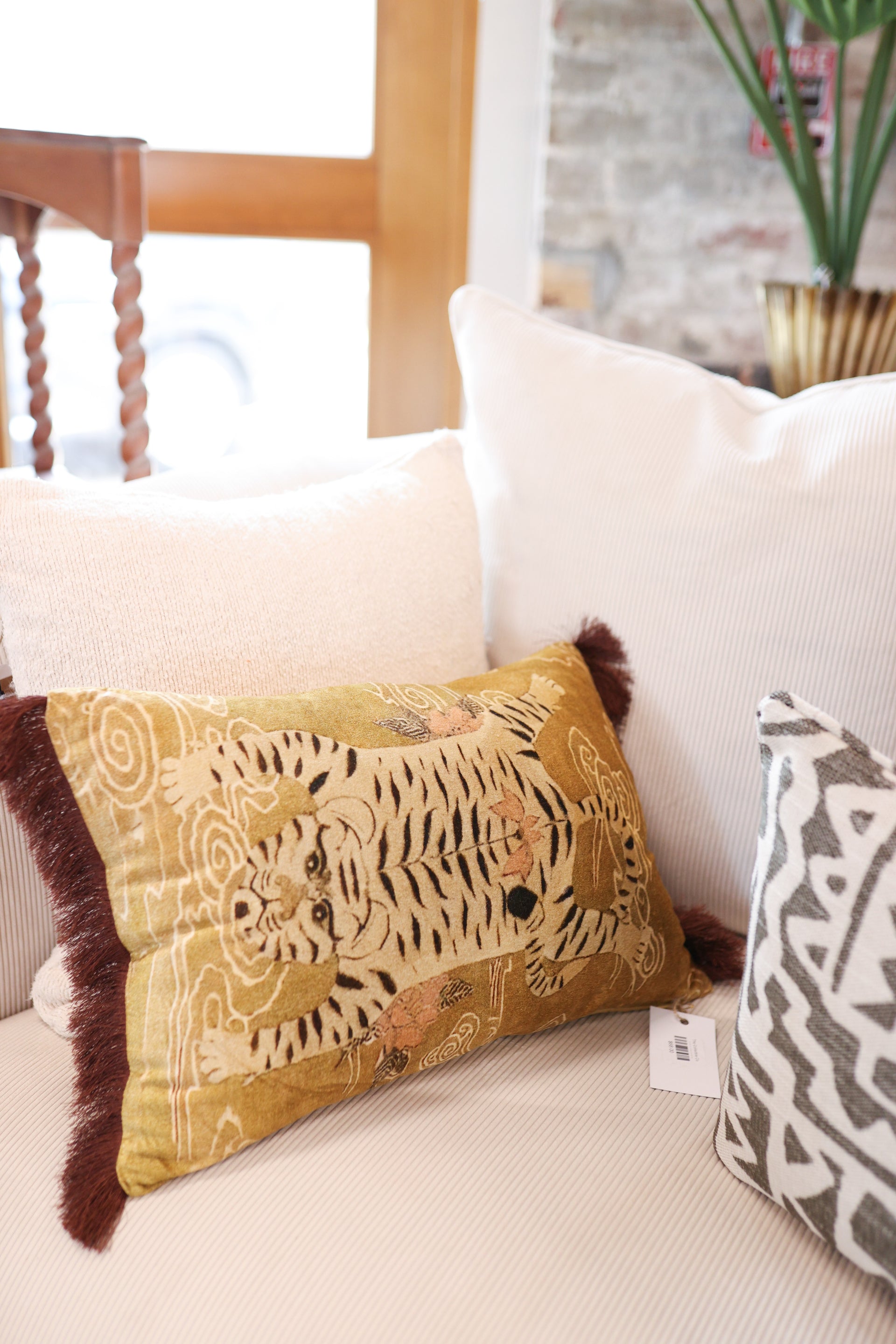 Cotton Velvet Printed Lumbar Pillow w/ Tibetan Tiger & Fringe