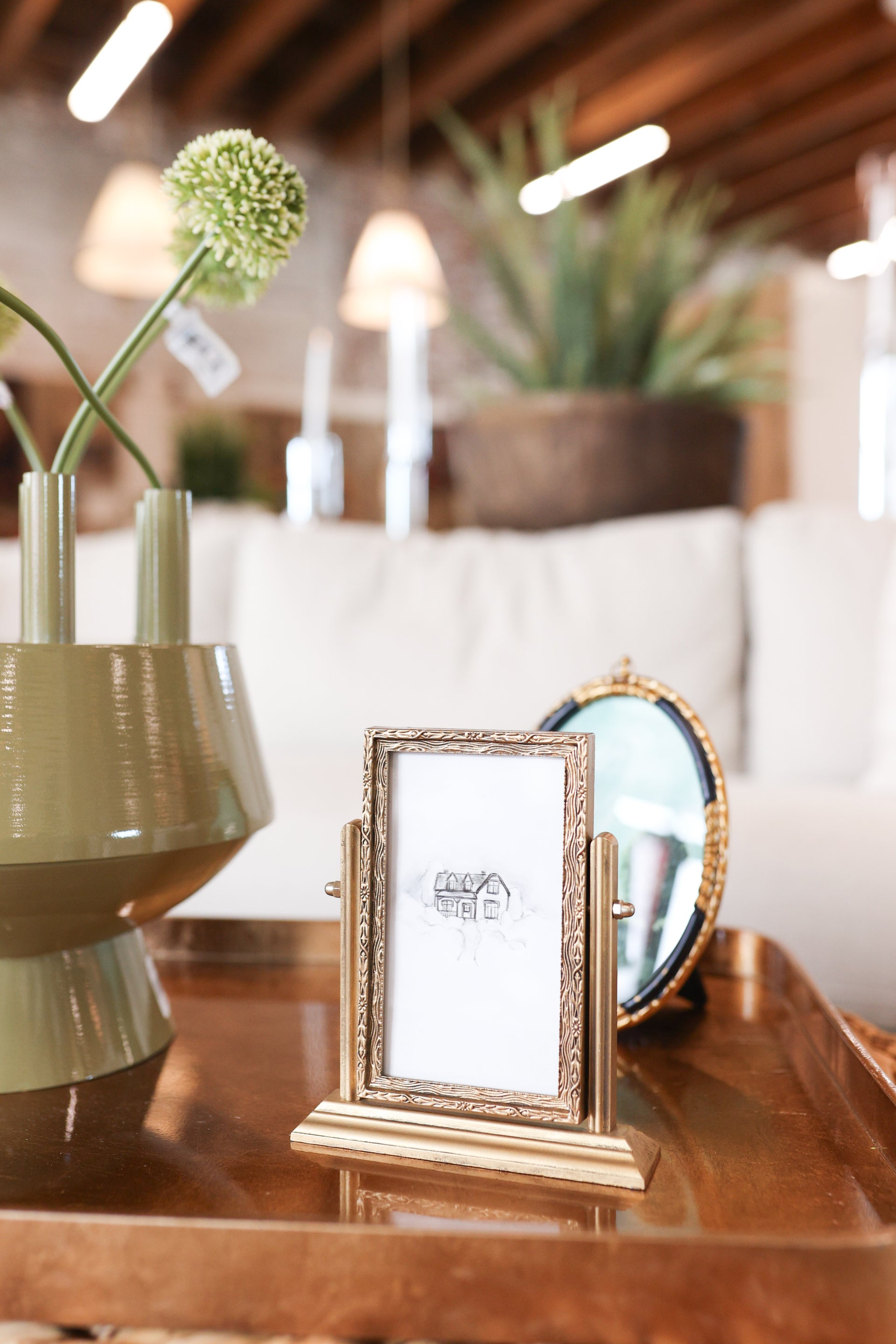 Pewter & Glass Standing Photo Frame with Art - 6 1/2” Tall