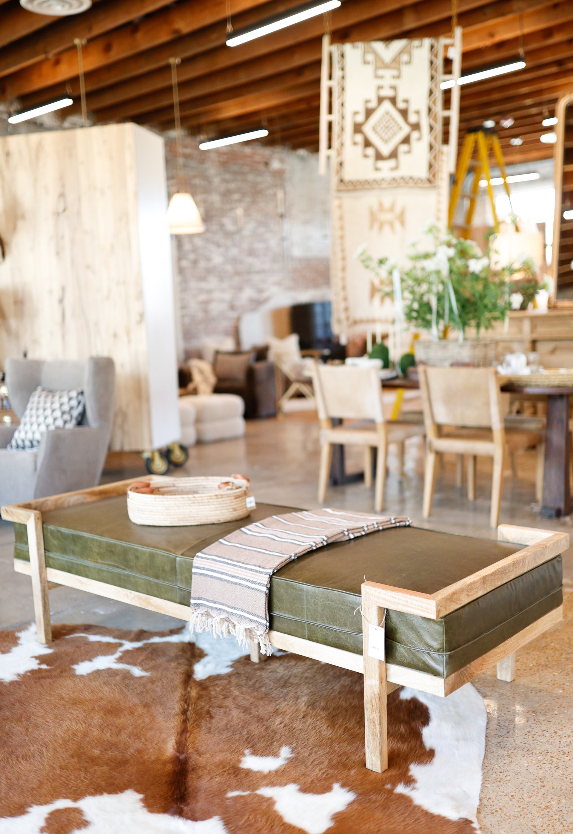 Mango Wood Day Bed/Bench with Removable Distressed Leather Cushion, Natural & Olive Color