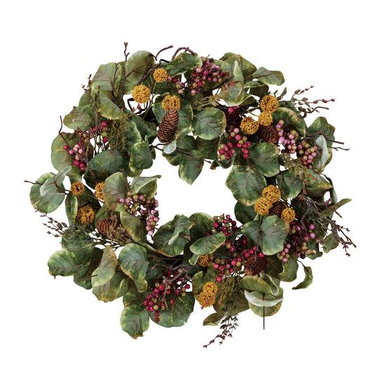 Faux Zanzibar Leaf Wreath w/ Berries, Green & Red