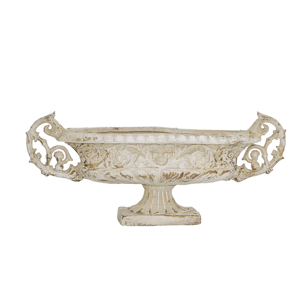 Pedestal Vase with Distressed White Finish and Ornate Handles