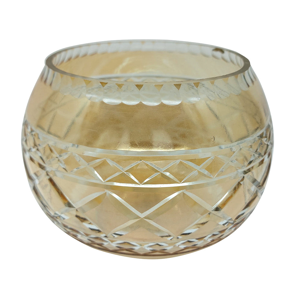 Glass Tealight Candle Holder with Gold Finish and Intricate Cut Motifs