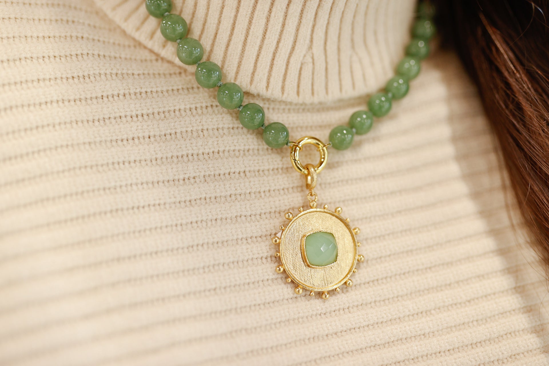 Jade Green Beaded Charm Necklace (Charm not included)