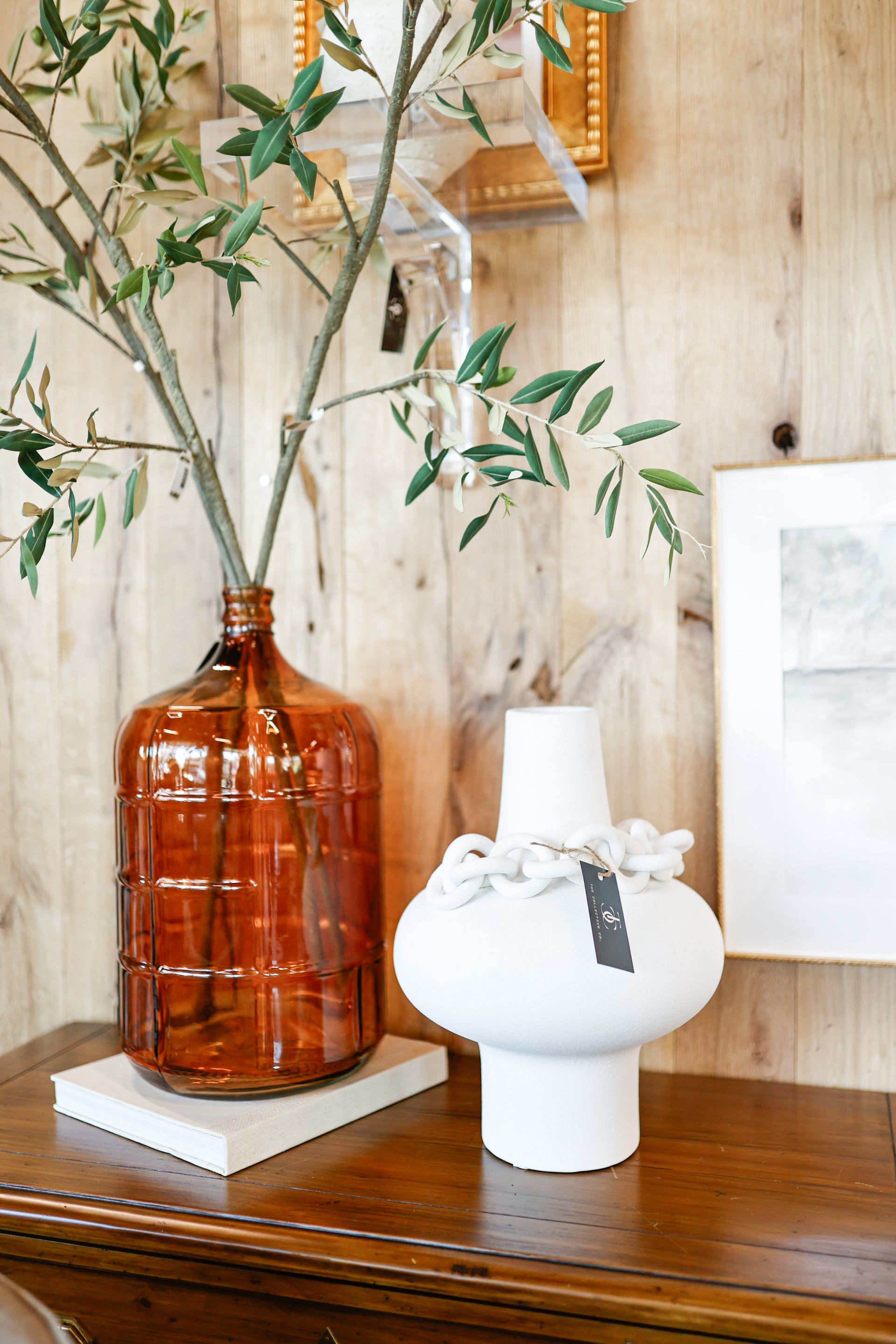 15.5" Round White Ceramic Vase with Sculptural Chain