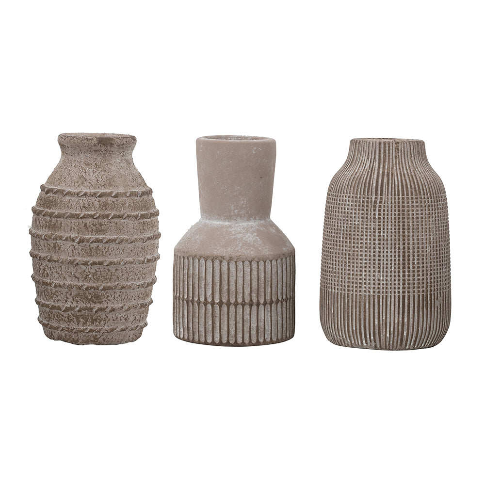 Brown Sand and Cement Vases with Sculptural Designs, set of three