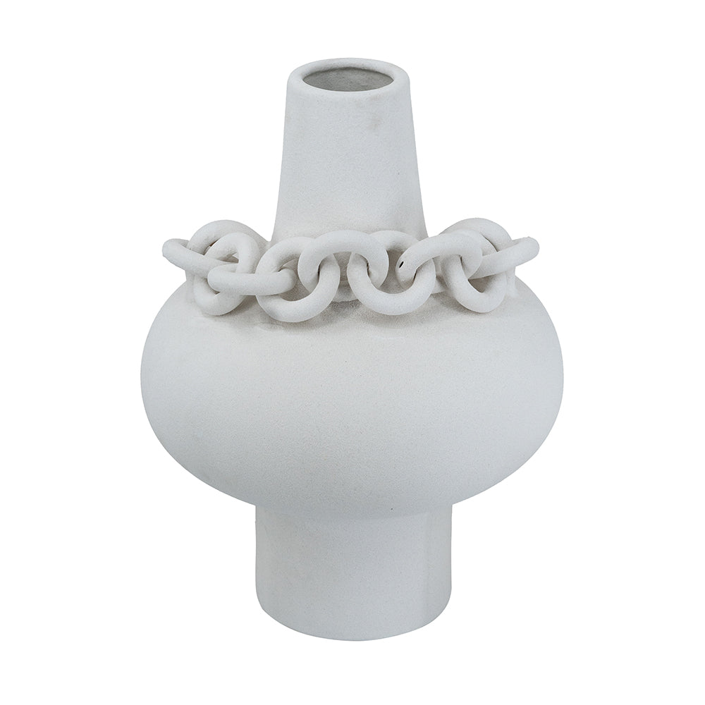 15.5" Round White Ceramic Vase with Sculptural Chain