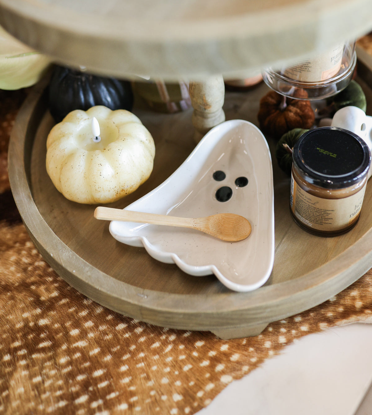 Stoneware Ghost Shaped Dish with Spoon, Boxed Set of 2 Tied with Jute