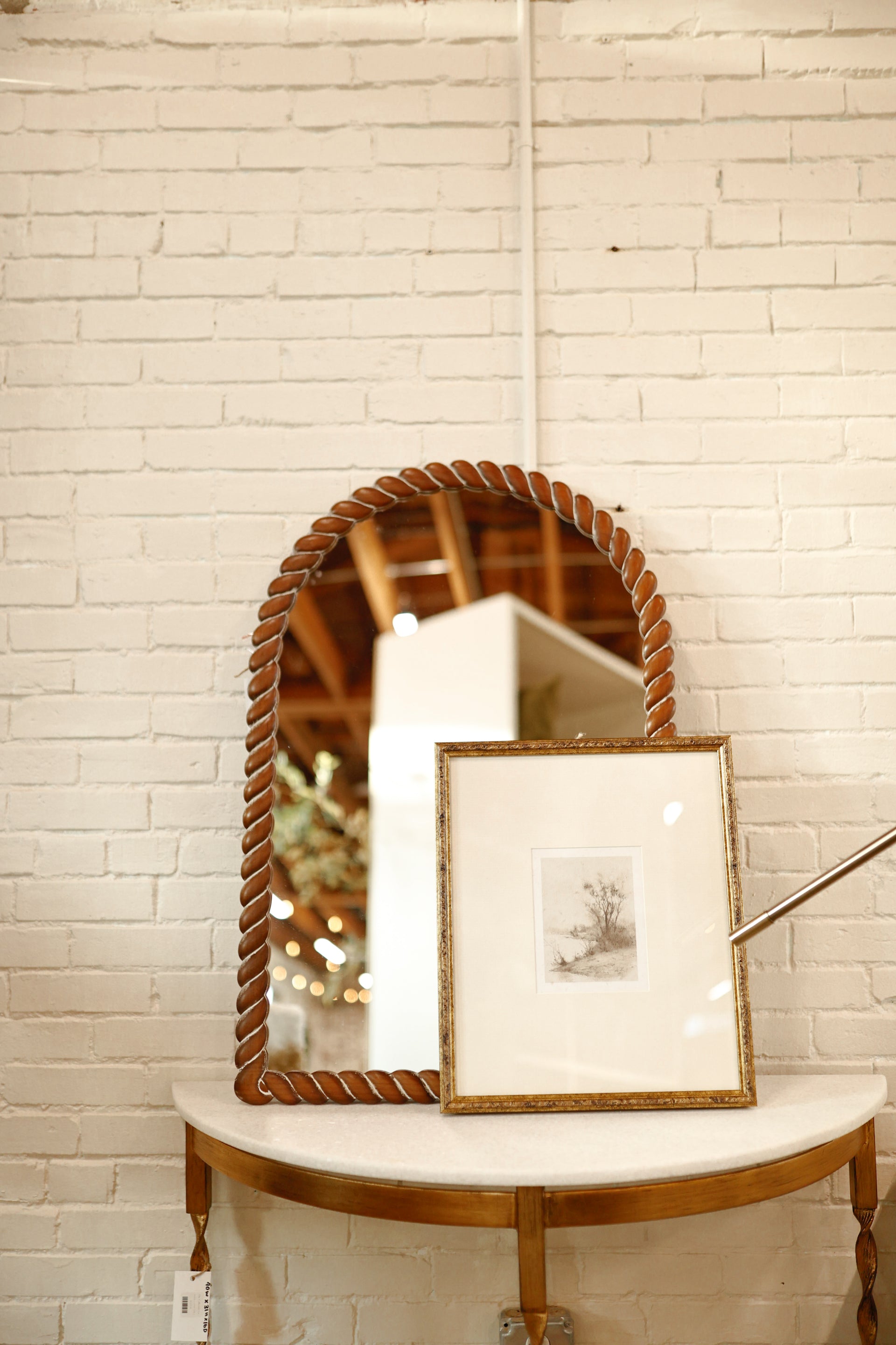 Arched Pine Wood Accent Mirror w/ Textured Brown Frame