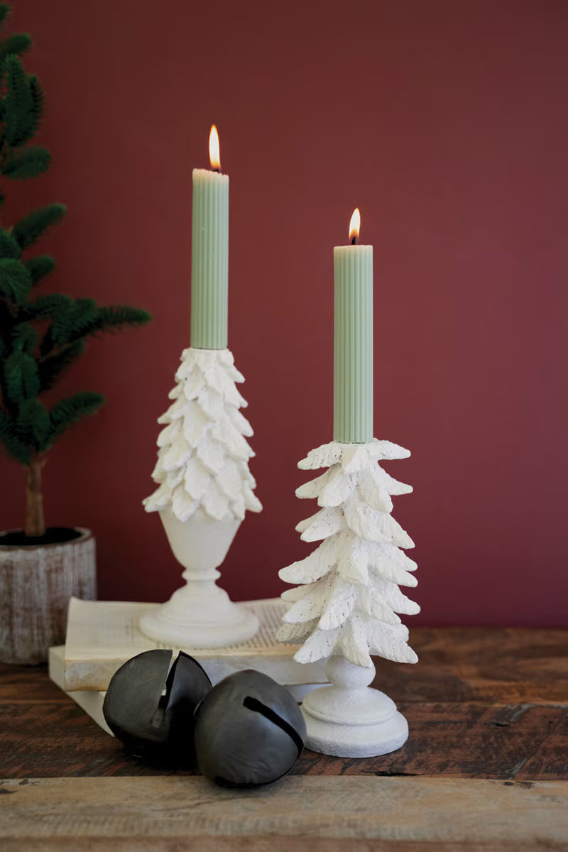 SET OF TWO POLY RESIN CHRISTMAS TREE CANDLE HOLDERS