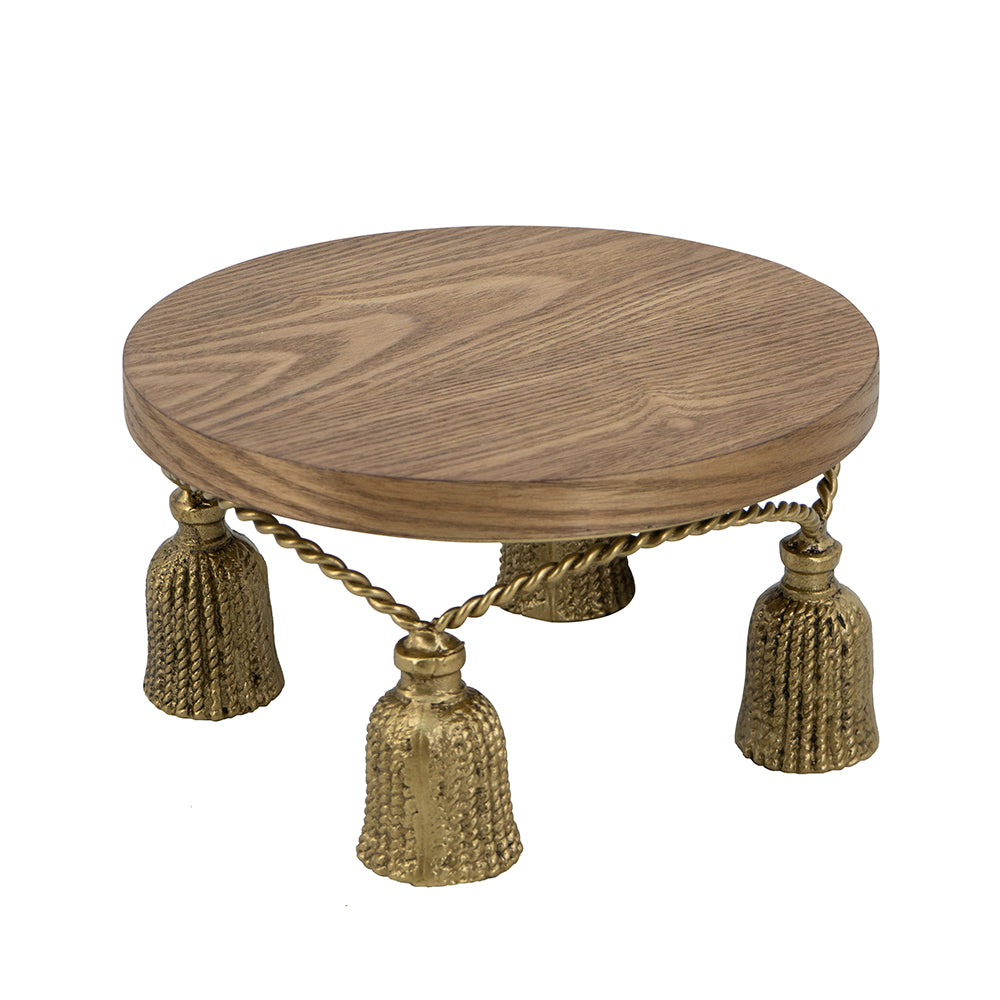 Round Wooden Riser with Ash Veneer Finish and Gold Cast Iron Legs