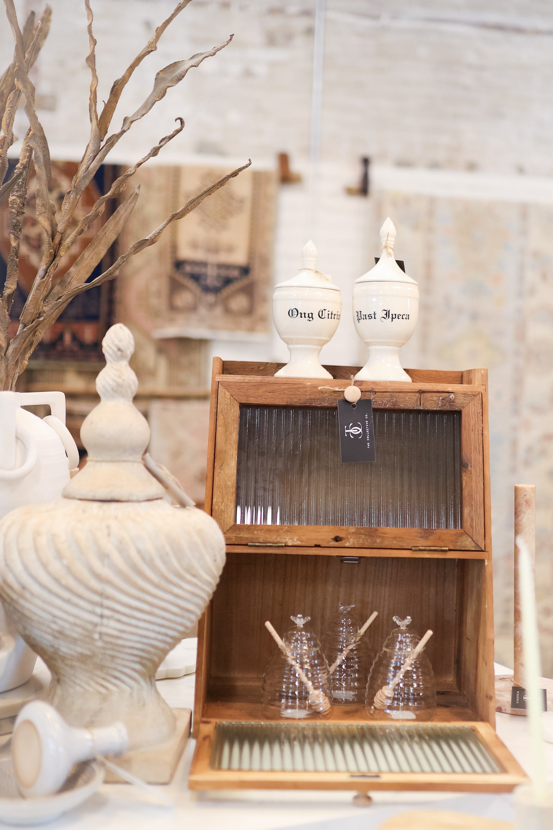 Wood Wall Cabinet or Bread Box with 2 Fluted Glass Doors & 1 Shelf (Hangs or Sits)