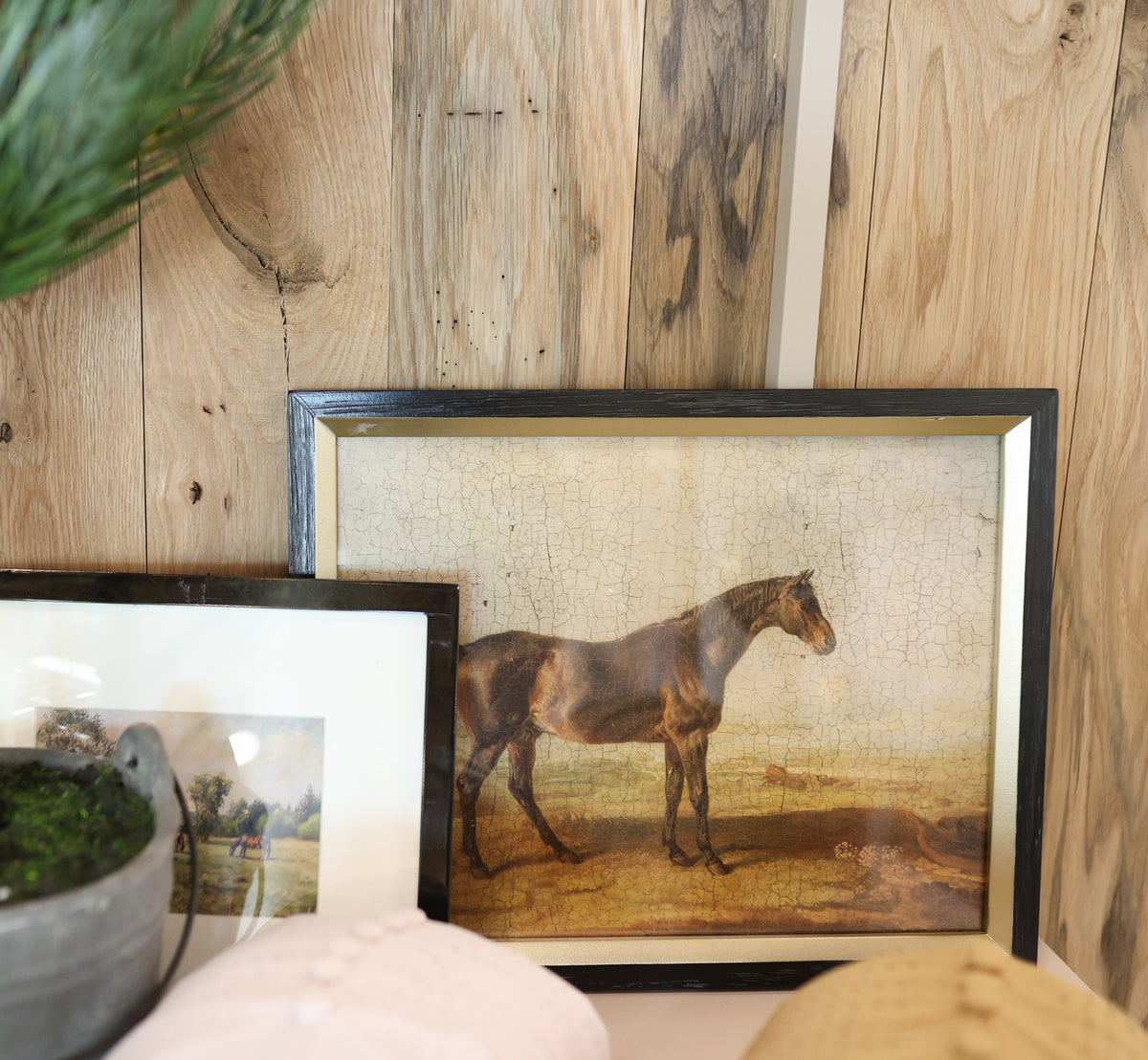 Wood Framed Glass Wall Decor with Vintage Reproduction Horse, Brown