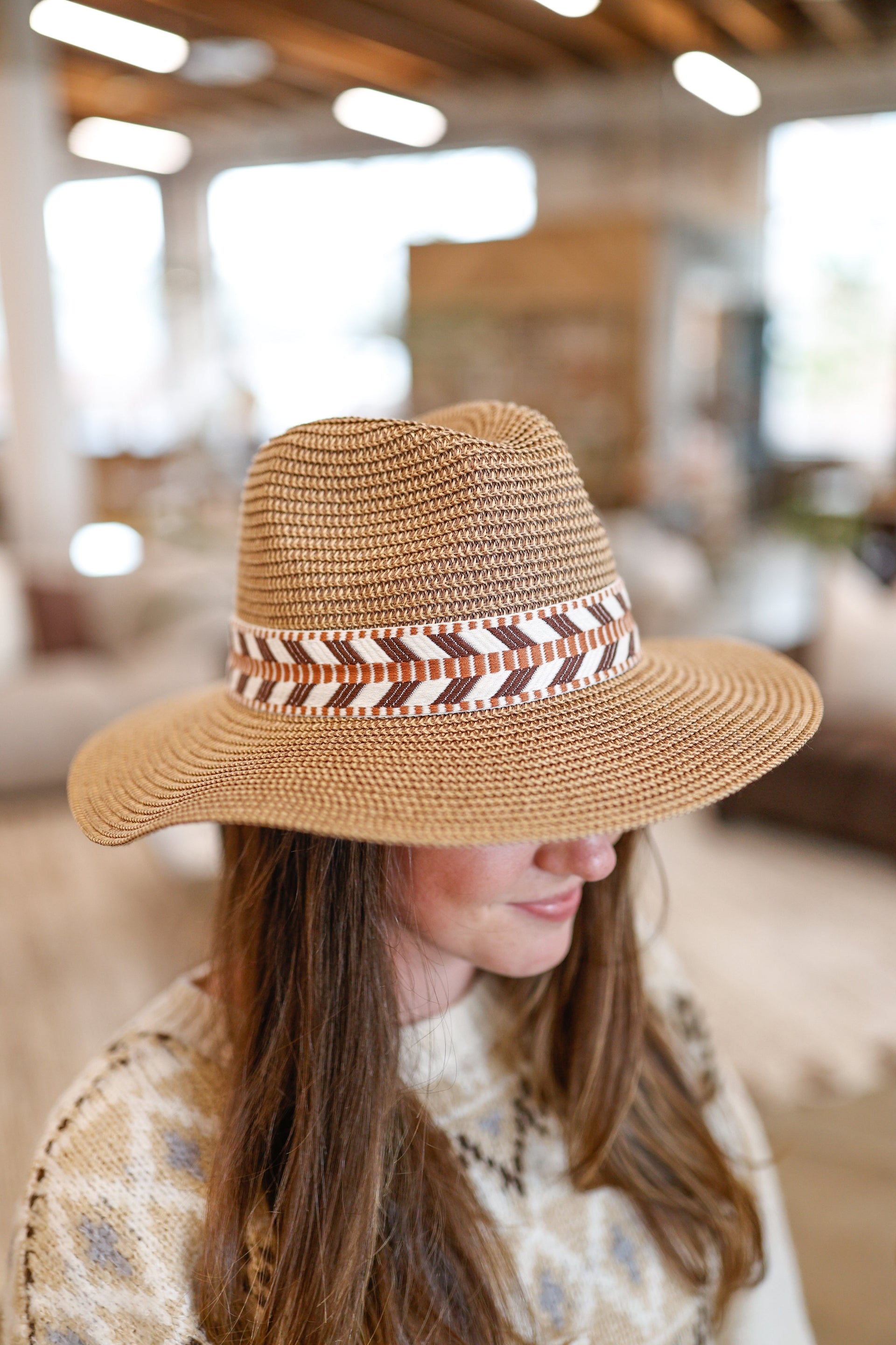 Brown Straw Hat with Burn Orange/Brown/White Fabric Detail