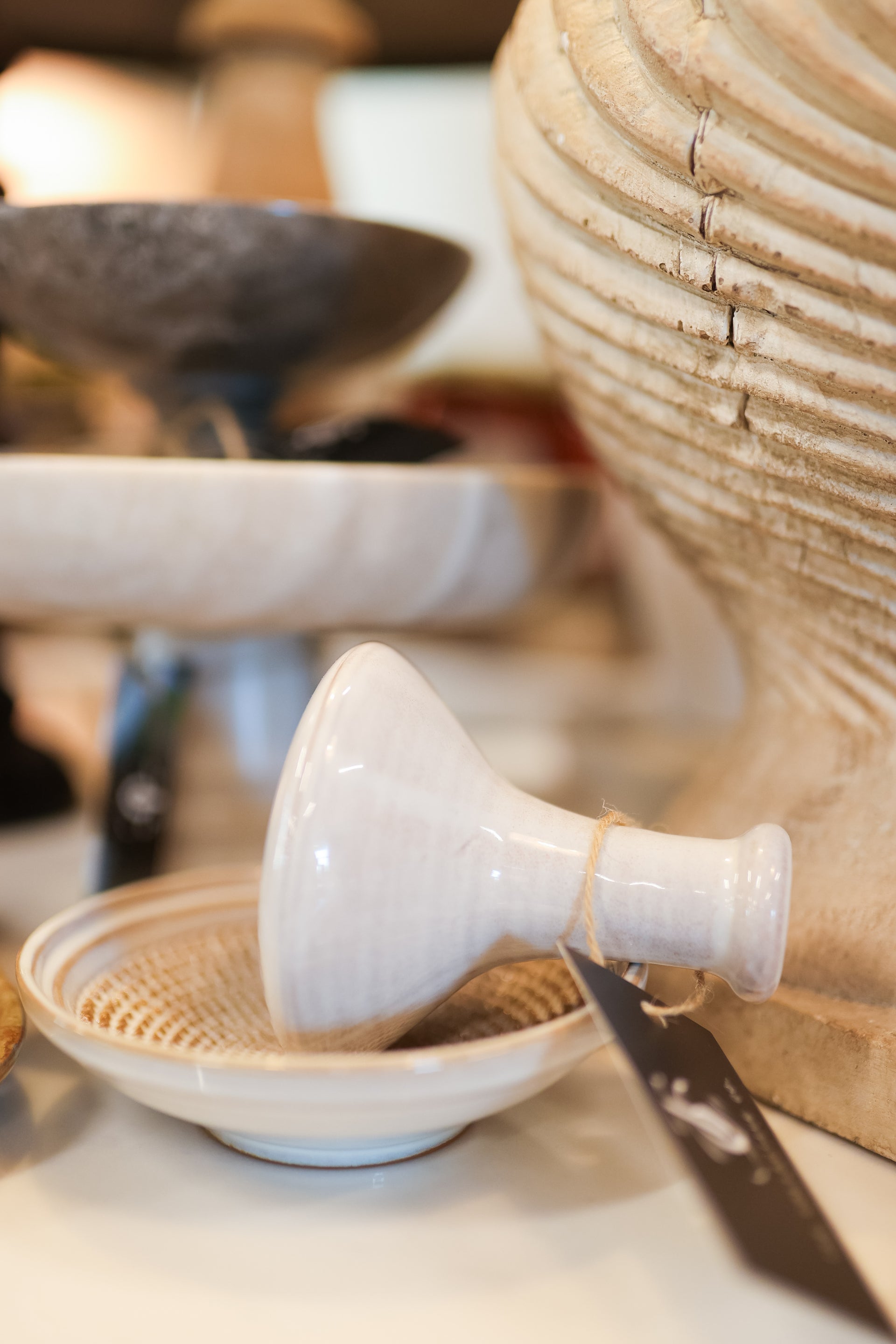 Round Stoneware Mortar & Pestle, White Set (Each One Will Vary)