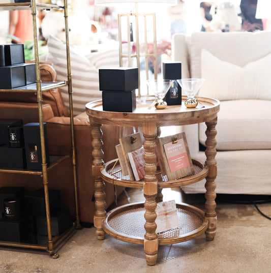 Three-Tiered Rattan Shelf Side Table